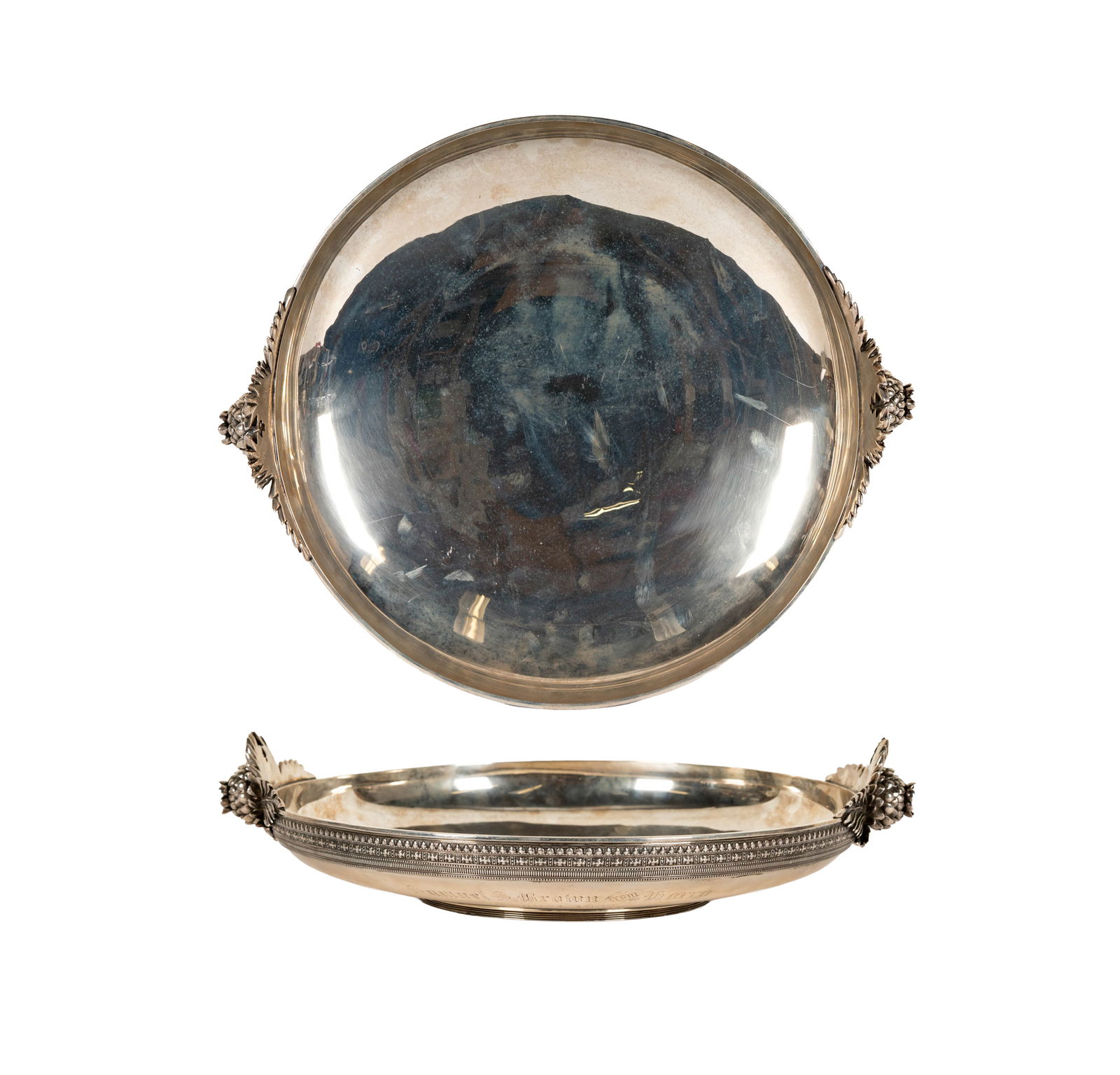 A Tiffany and Co. Sterling Silver Center Bowl: New York, NY, 1873 - 1891 (Directorship of Edward Moore), pattern no. 3762, with engraved inscription dated 1882, 15 x 17 in., approximately 2,034 grams