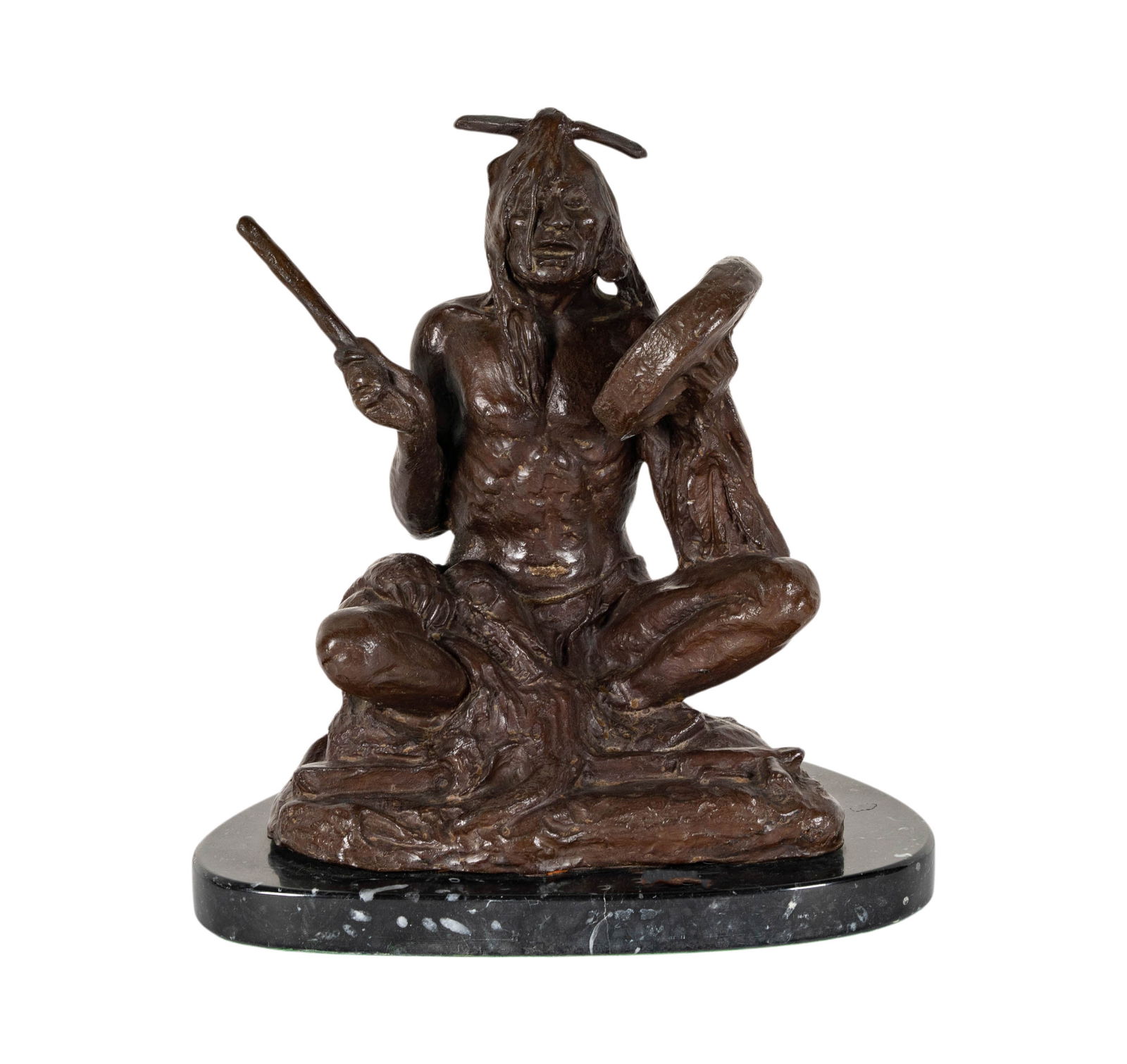 After Charles Marion Russell, Medicine Man: 1992, bronze, signed C M Russell, marked Collectors West Inc., overall 10 1/2 x 8 x 7 in.