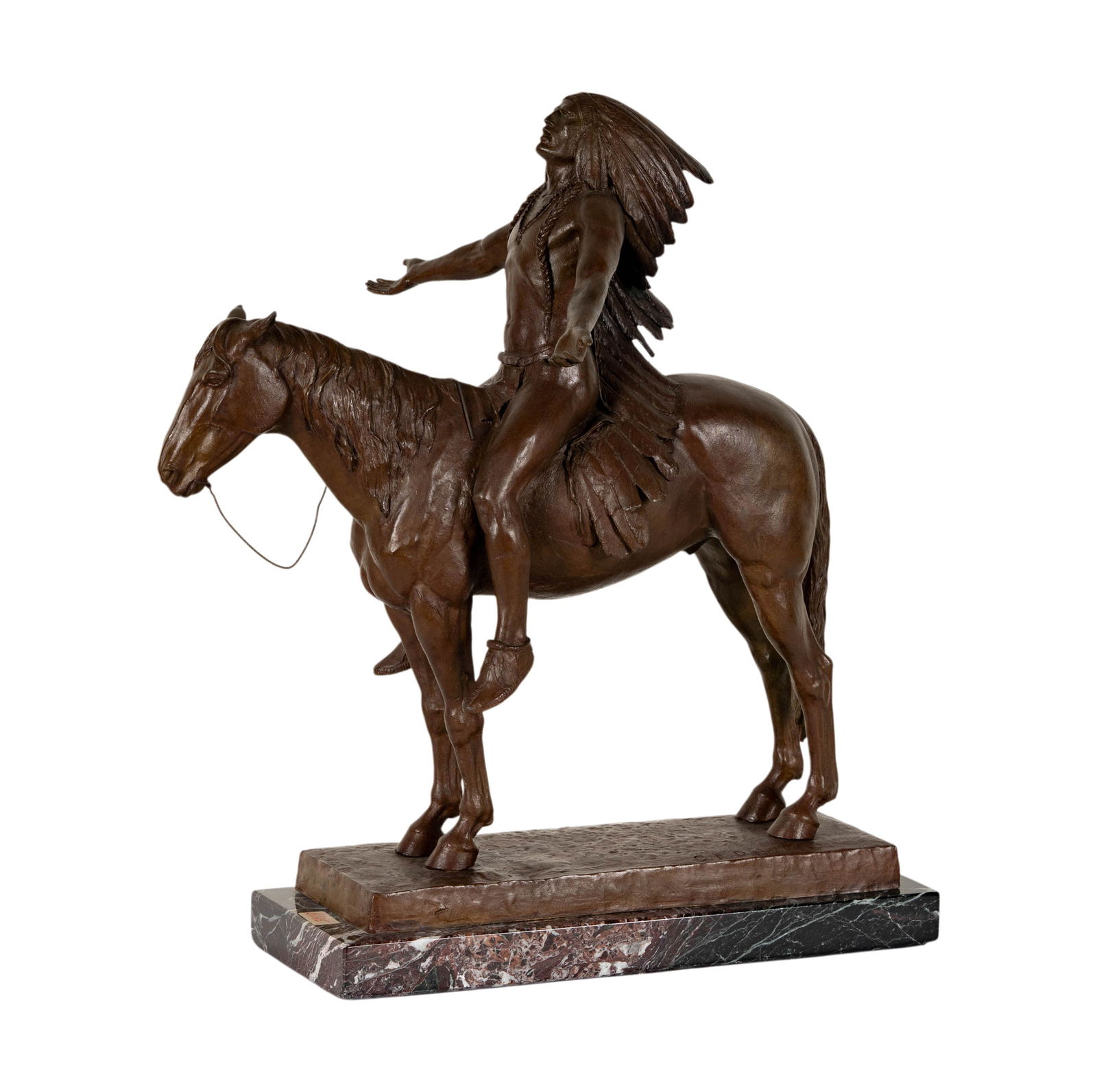 After Cyrus Dallin," Appeal to the Great Spirit": bronze on marble plinth, signed C E Dallin, marked Collectors West Inc., 20 1/2 x 17 x 6 in.