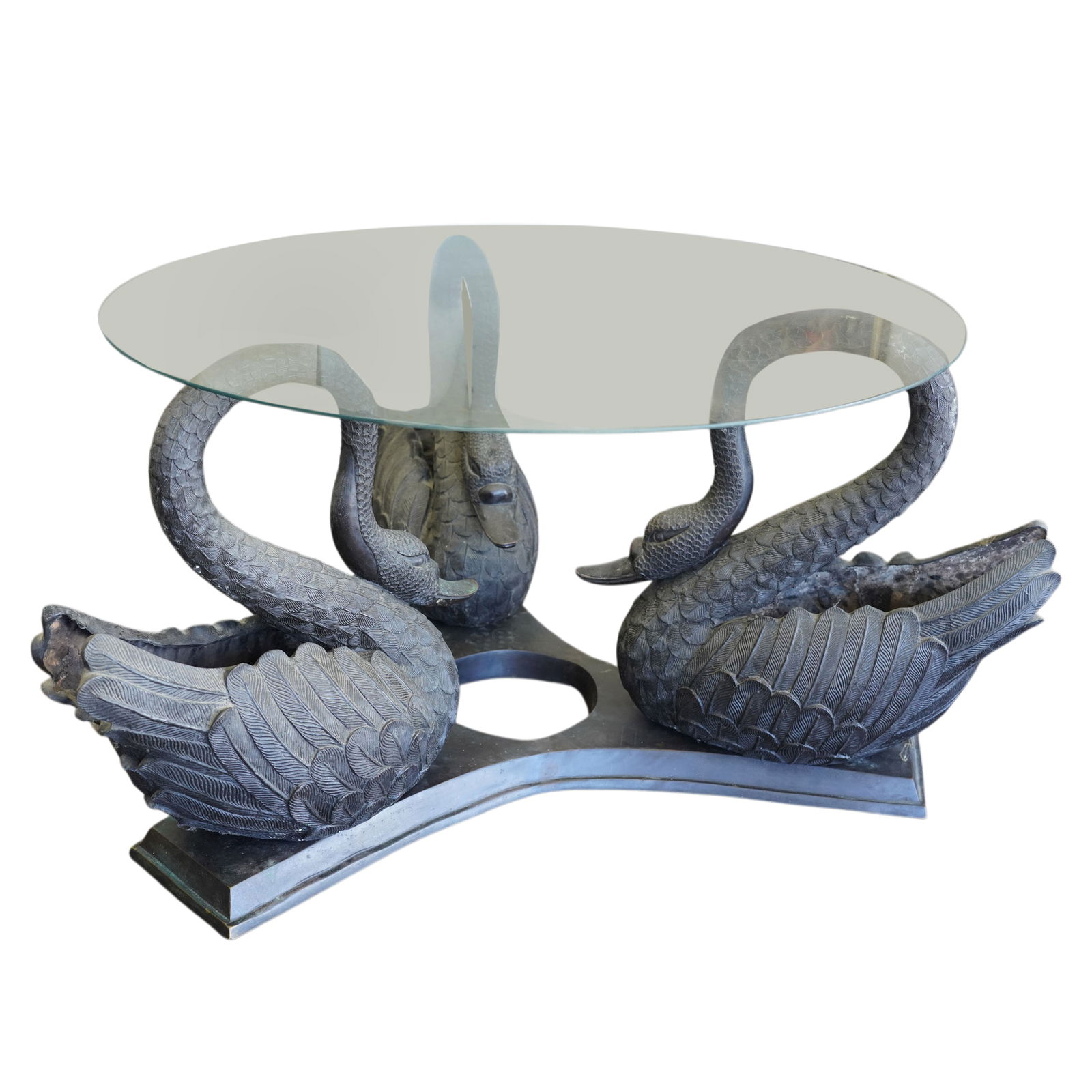 Bronze Swan Base Glass Top Center Table: 25 x 42 in.