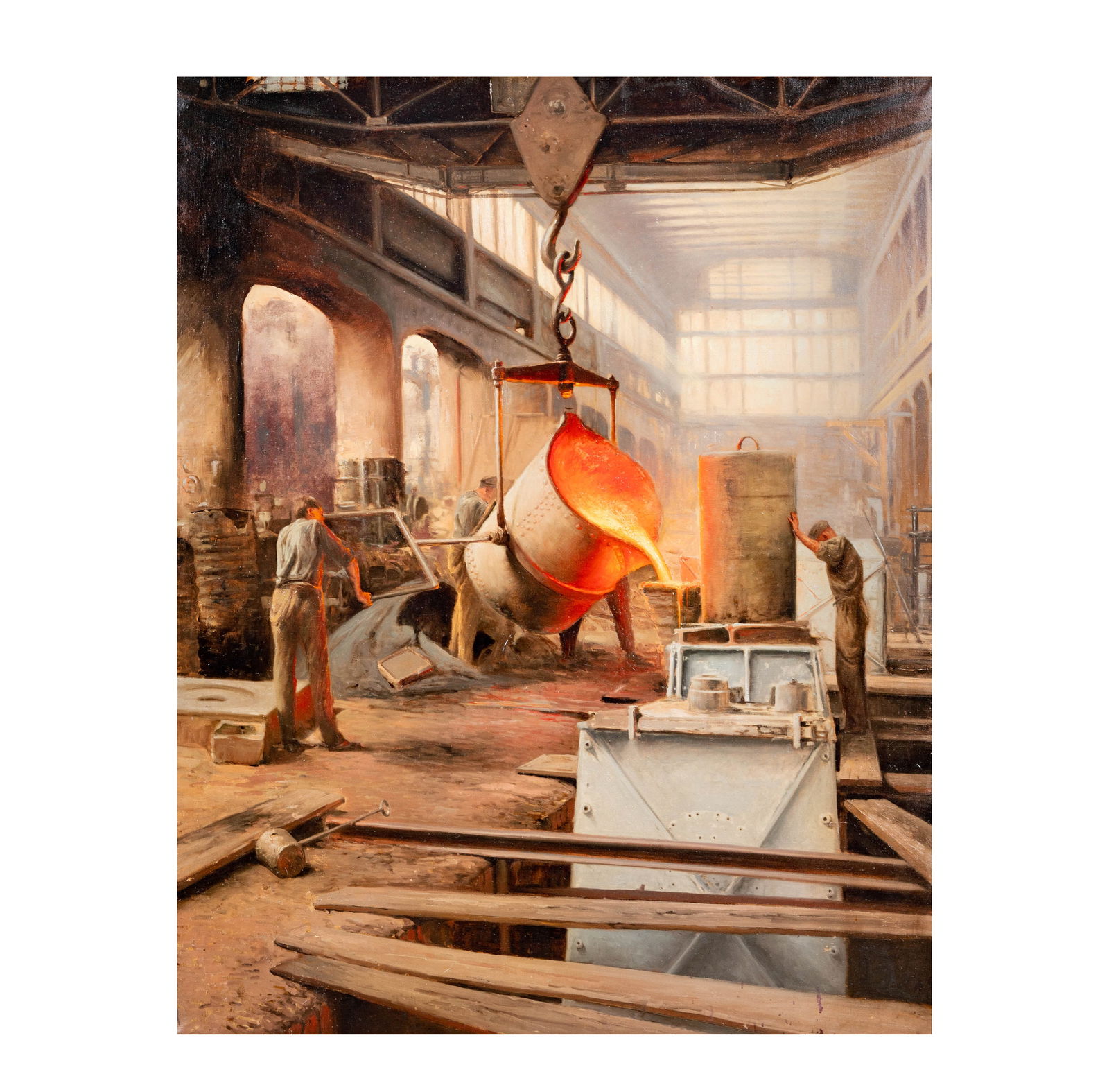 Large Painting of a Foundry: oil on canvas, no visible signature, 53 x 42 in., frame: 58 1/2 x 47 3/4 in.