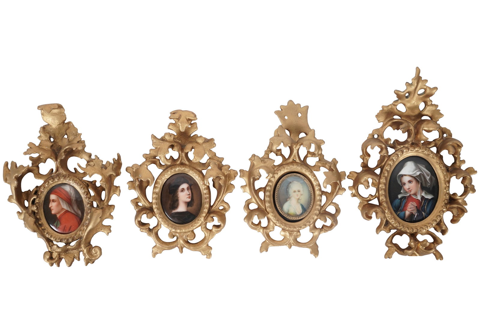 Four Carved Giltwood Frame Miniature Portraits: the largest: 8 1/2 x 6 x 1 1/4 in.
