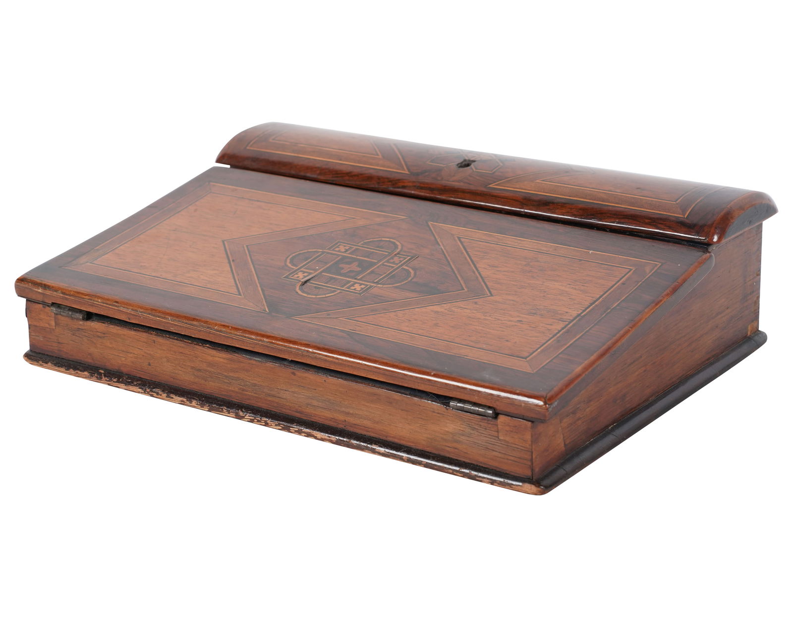 English Marquetry Inlaid Lap Desk: with velvet interior, 3 3/4 x 13 x 10 in.