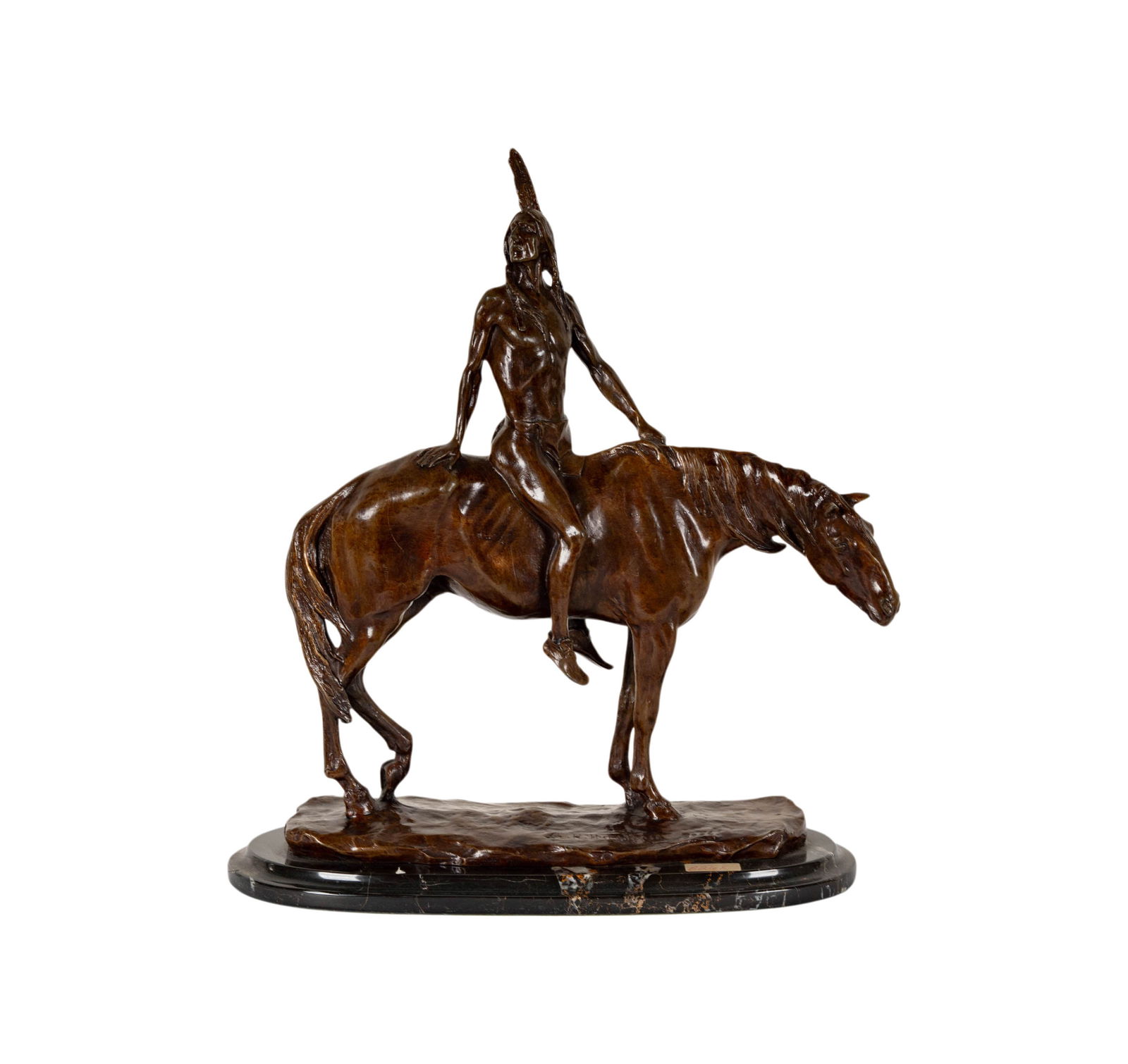 After Charles Henry Humphriss, Warrior on Horseback: 1904, bronze of Native American on Horseback, on marble plinth, signed and dated in casting, overall: 17 12 x 14 1/2 x 7 in.