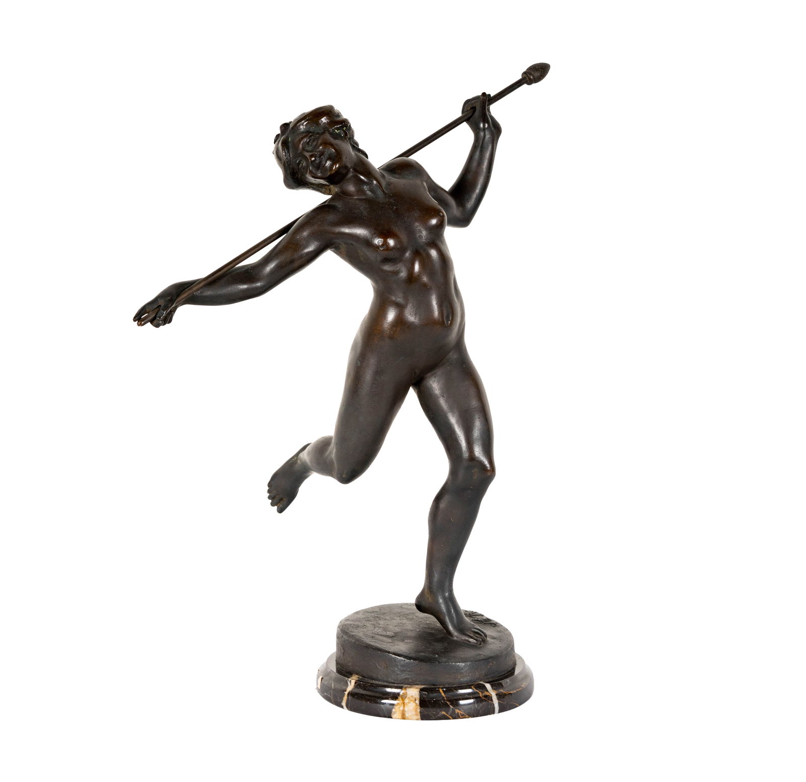 After Augusto Rivalta, Dancing Girl: bronze figure on marble base, signed in casting, 16 1/2 x 14 x 9 in.