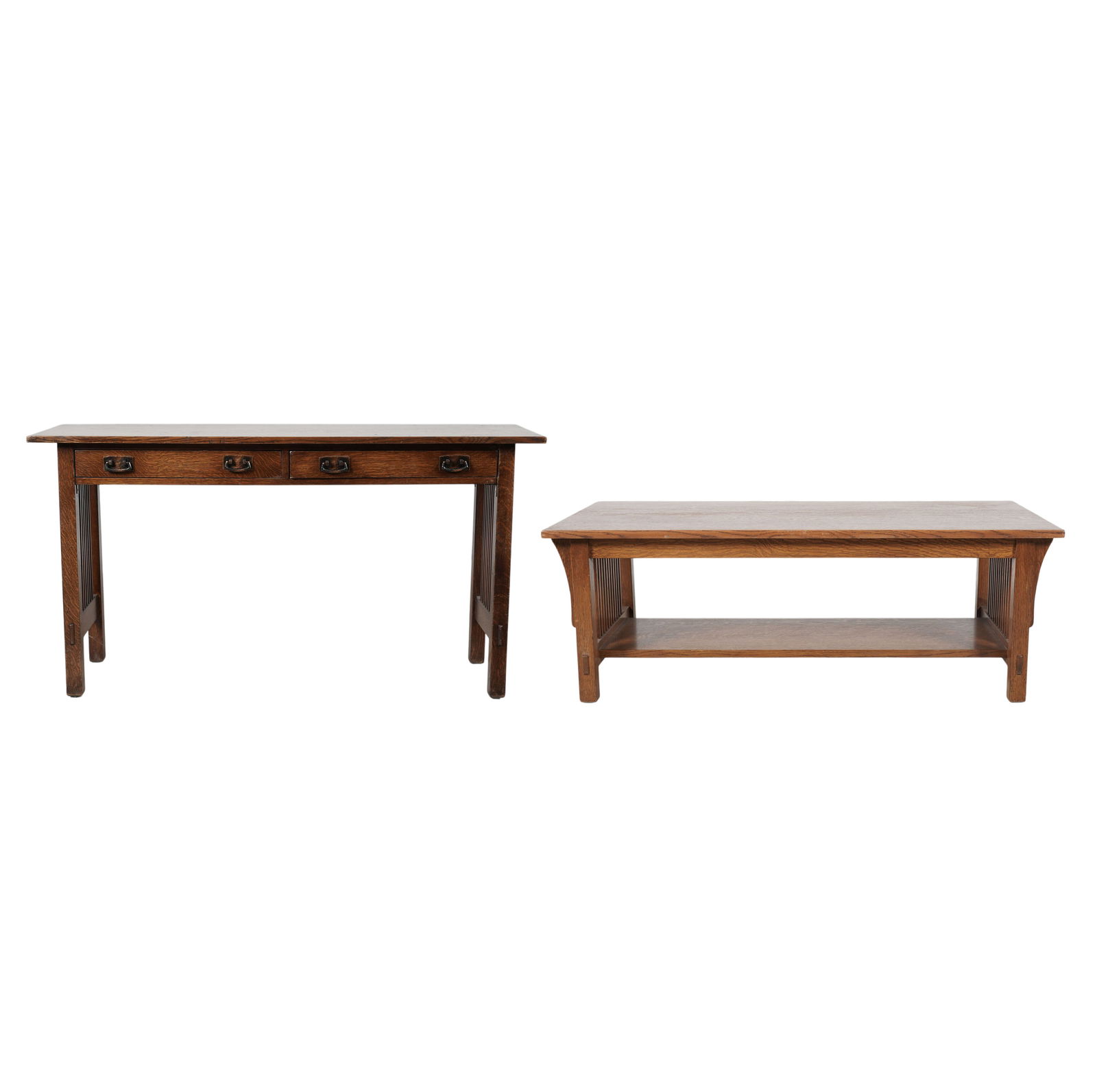A Stickley Oak Coffee Table and Sofa Table: Signed. Table: 29 x 54 x 16 in. Coffee table: 17 1/2 x 48 x 22 in.