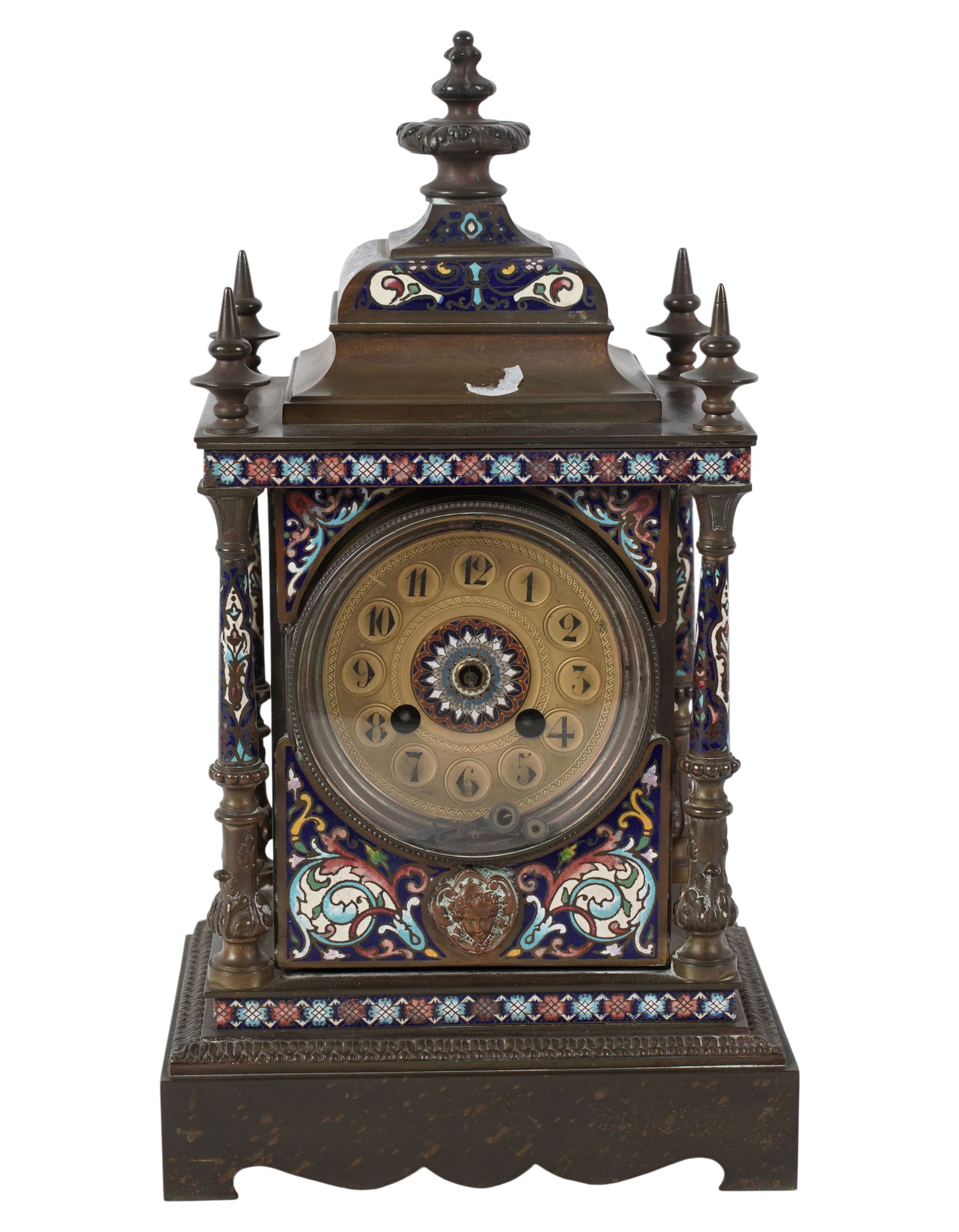 French Bronze and Champleve Mantle Clock: unmarked, 14 x 7 3/4 x 5 1/2 in.