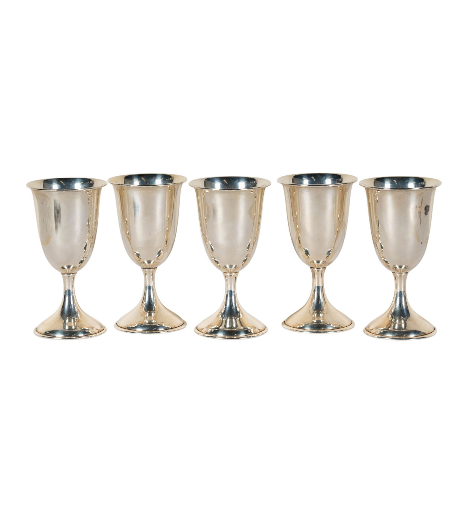 Five Alvin Sterling Glasses: marked Alvin Sterling M154 to undersides, 6 x 3 in., approximately 517 grams