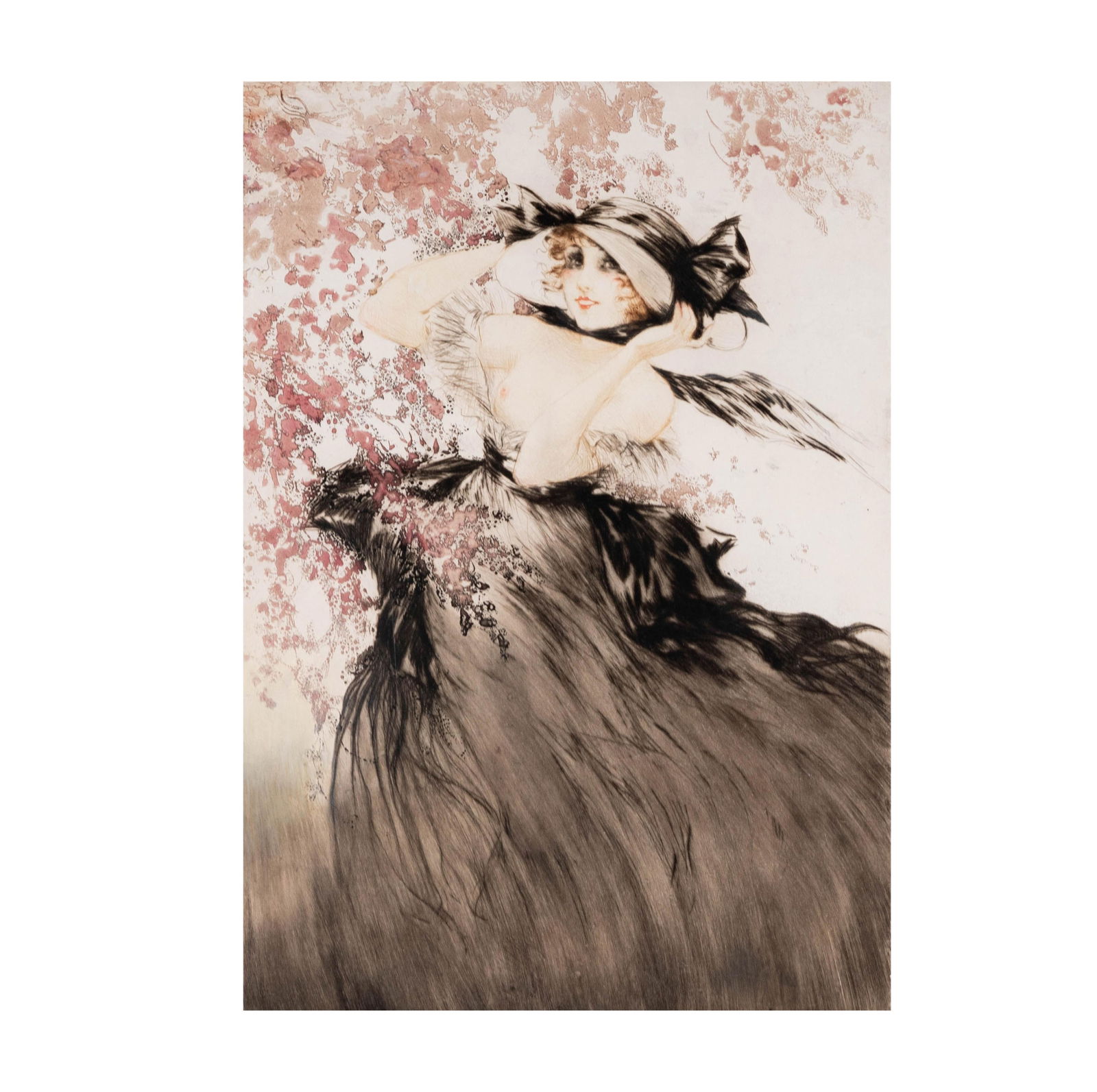 Louis Icart, French/American 1888-1950, Black Bows: etching, drypoint, aquatint signed in pencil lower right, Sight: 17 1/2 x 12 1/4 in. (44.5 x 31.1 cm.), Frame: 26 x 20 3/4 in. (66 x 52.7 cm.)