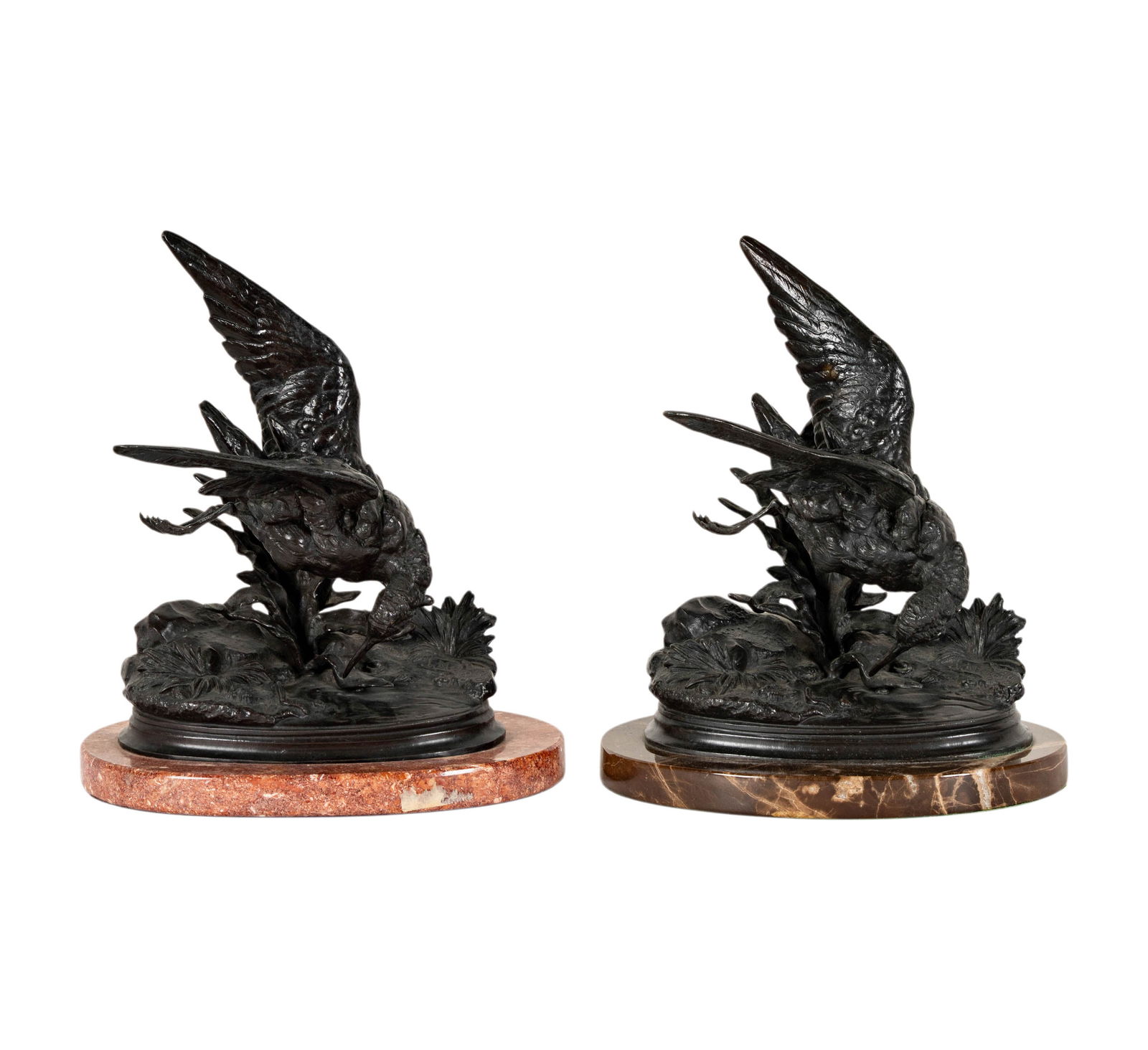 After Jules Moigniez, Two Sandrpiper Bird Bronzes: Both on marble plinths, signed in casting, Largest: 10 x 8 x 4 in.