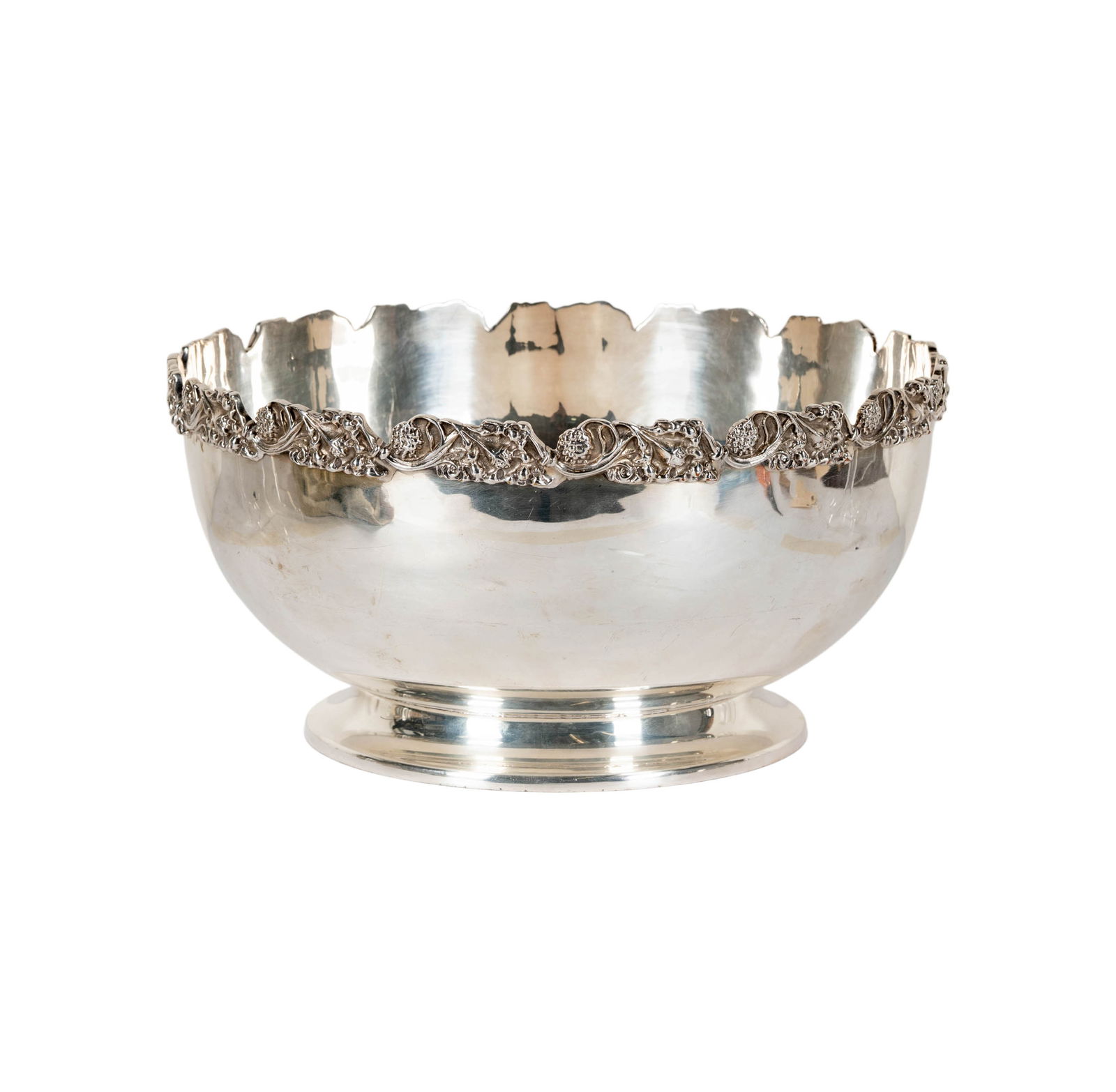 Large Silverplate Grape Motif Punch Bowl: marked to underside, San GIovani and SIlverplate, 8 x 16 inches
