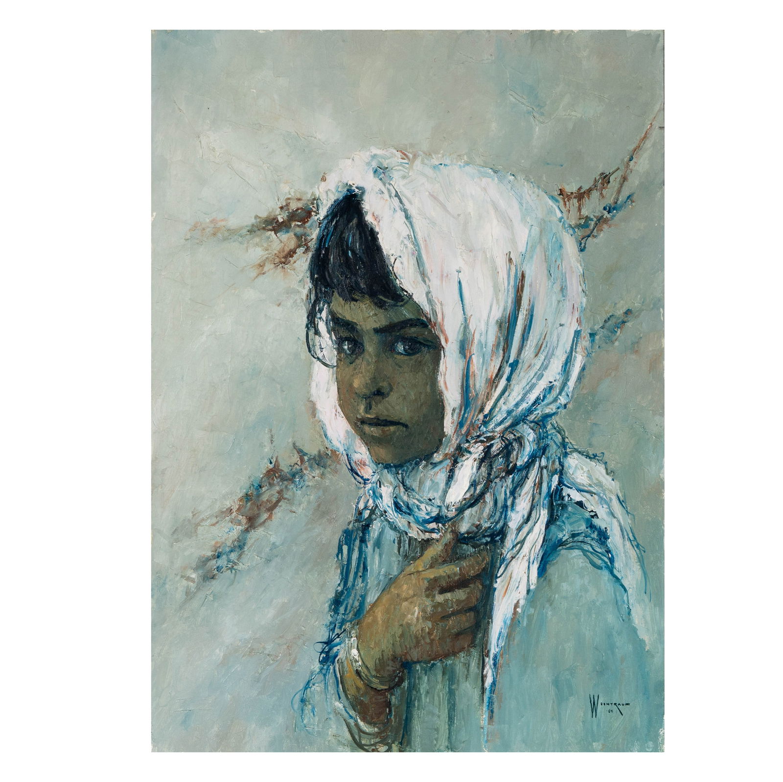 William (Sunny) Weintraub (1926 - 1991), Girl with White Bonnet: oil on canvas, 1964, signed and dated lower right, 26 3/4 x 19 3/4 in., frame: 35 1/2 x 28 in. Property from the Estate of Ernest E. Warsaw, Second Lieutenant, U.S. Army Air Forces, navigator with