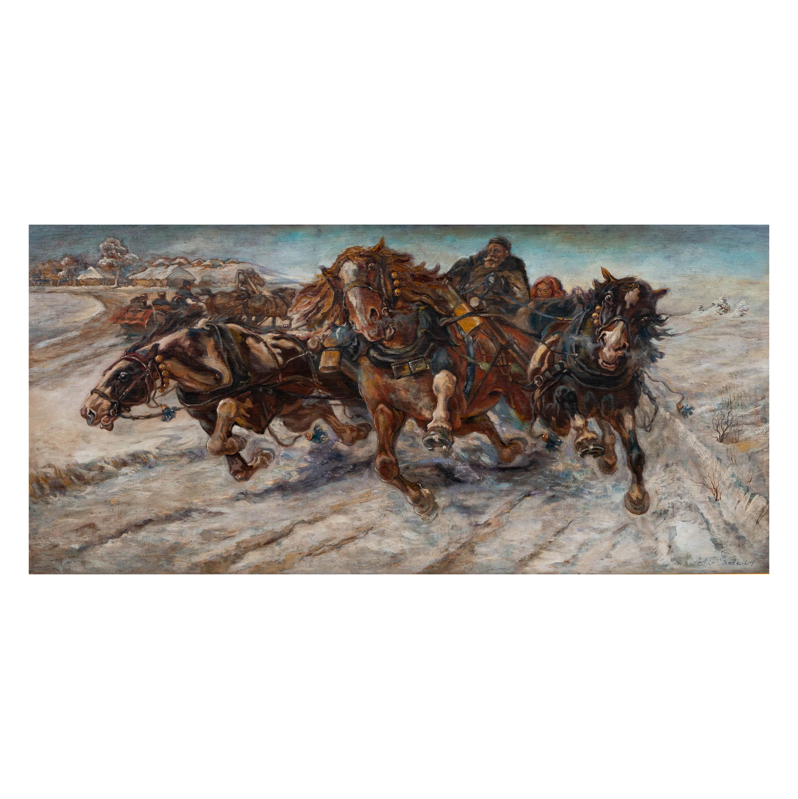 Troika Snow Scene: oil on wood panel, signed lower right, canvas: 26 1/4 x 55 1/4 in., frame: 34 1/2 x 63 in.