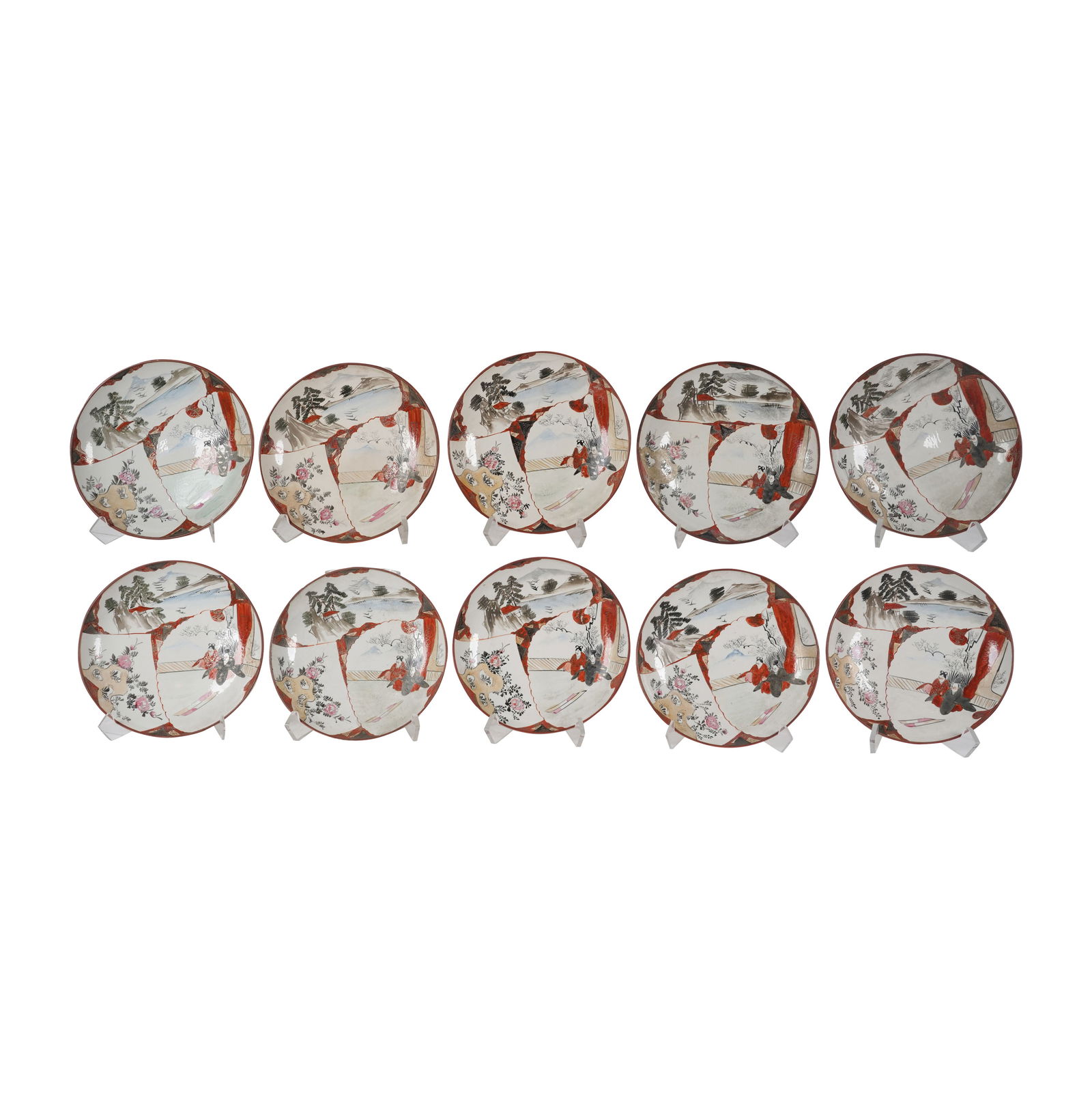 Ten Japanese Kutani Plates in Wood Box: marked to underside, 9 1/4 in. dia., the box: 9 x 11 in.