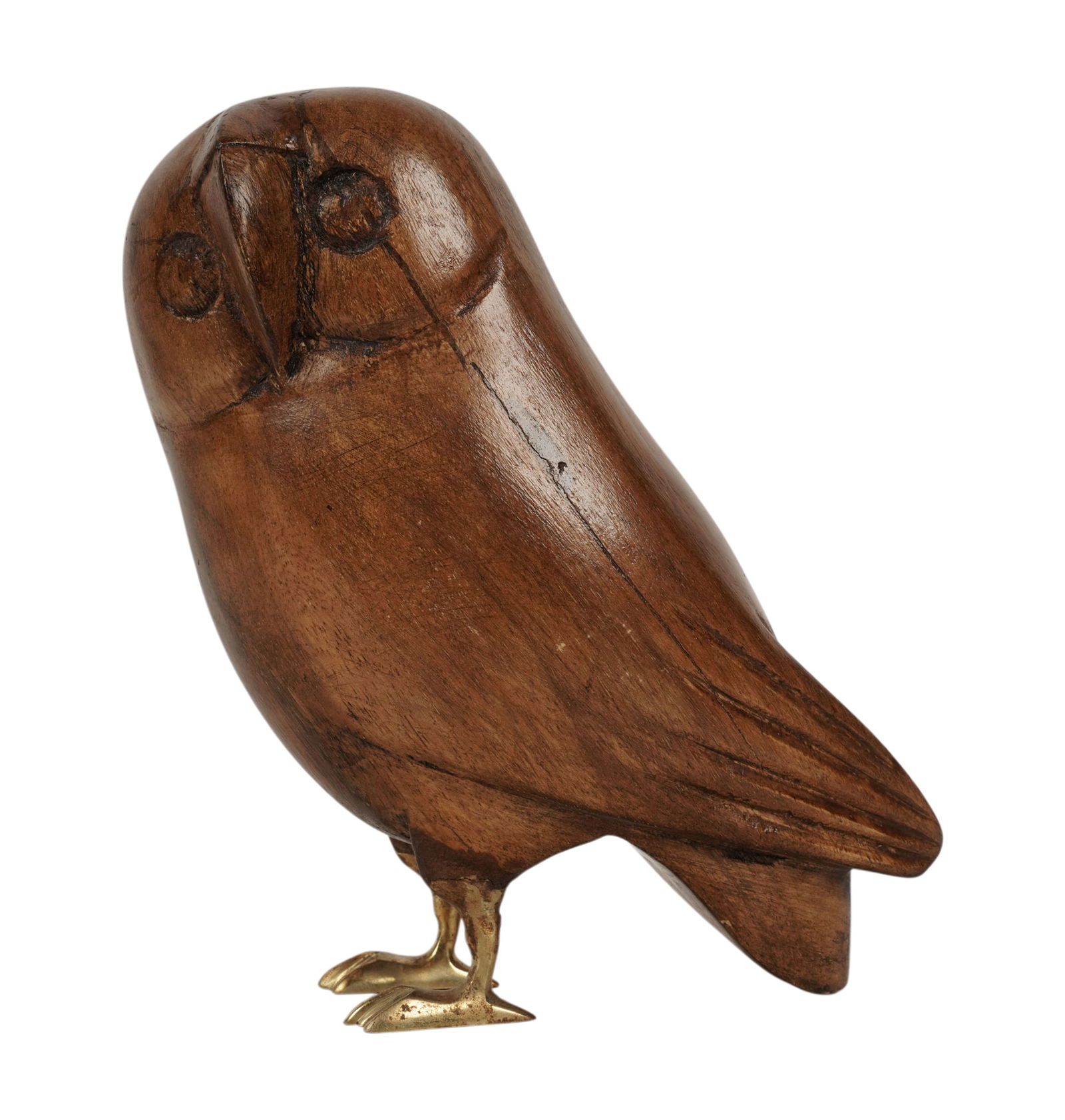 Bustamante Carved Wood and Brass Feet Owl Sculpture: no visible signature, 9 in. high