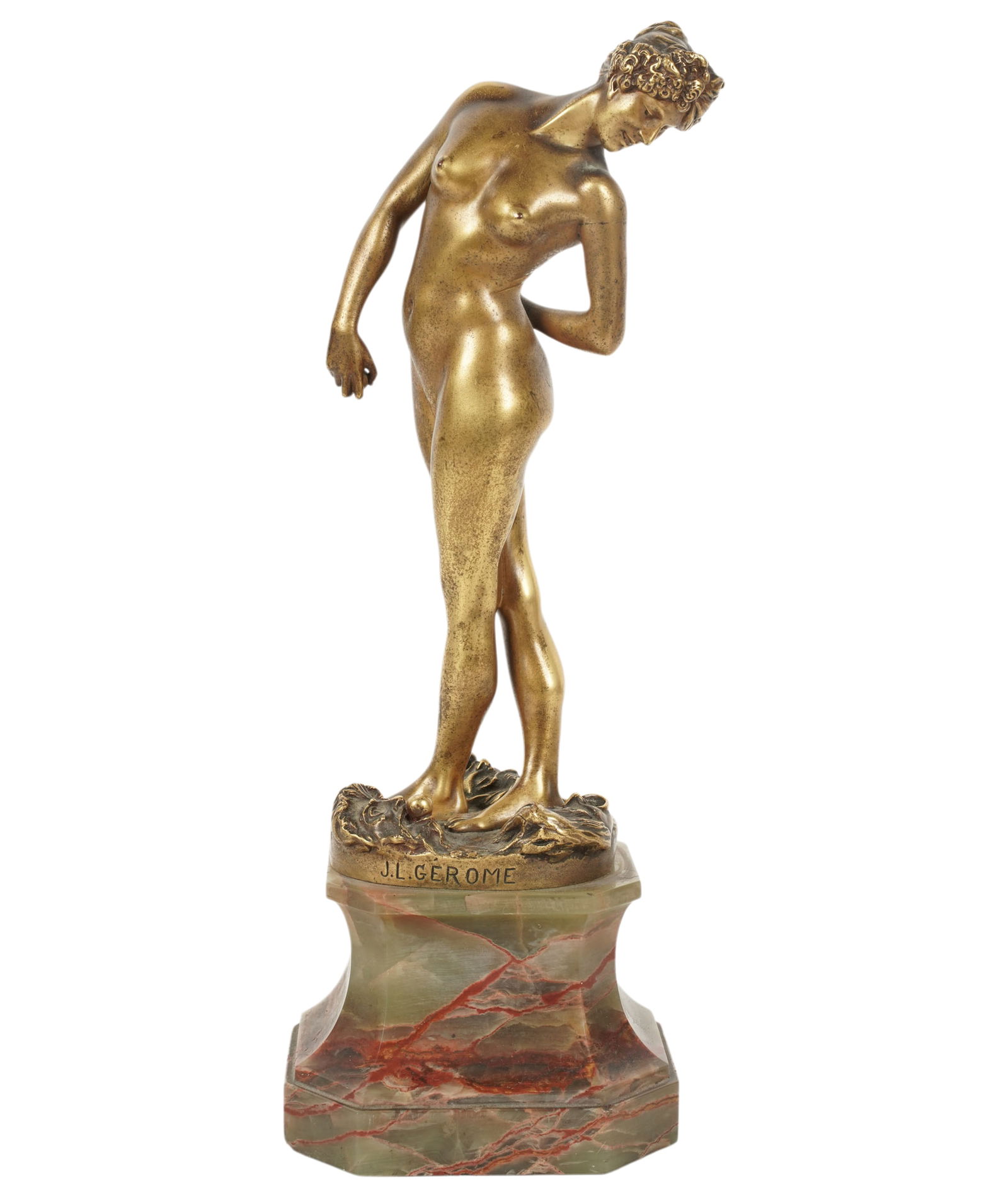 Jean-Leon Gerome (1824-1904), La Joueuse de Boules: gilt bronze on marble base, signed in casting, figure: 10 3/4 in. high, overall: 14 1/4 in. high