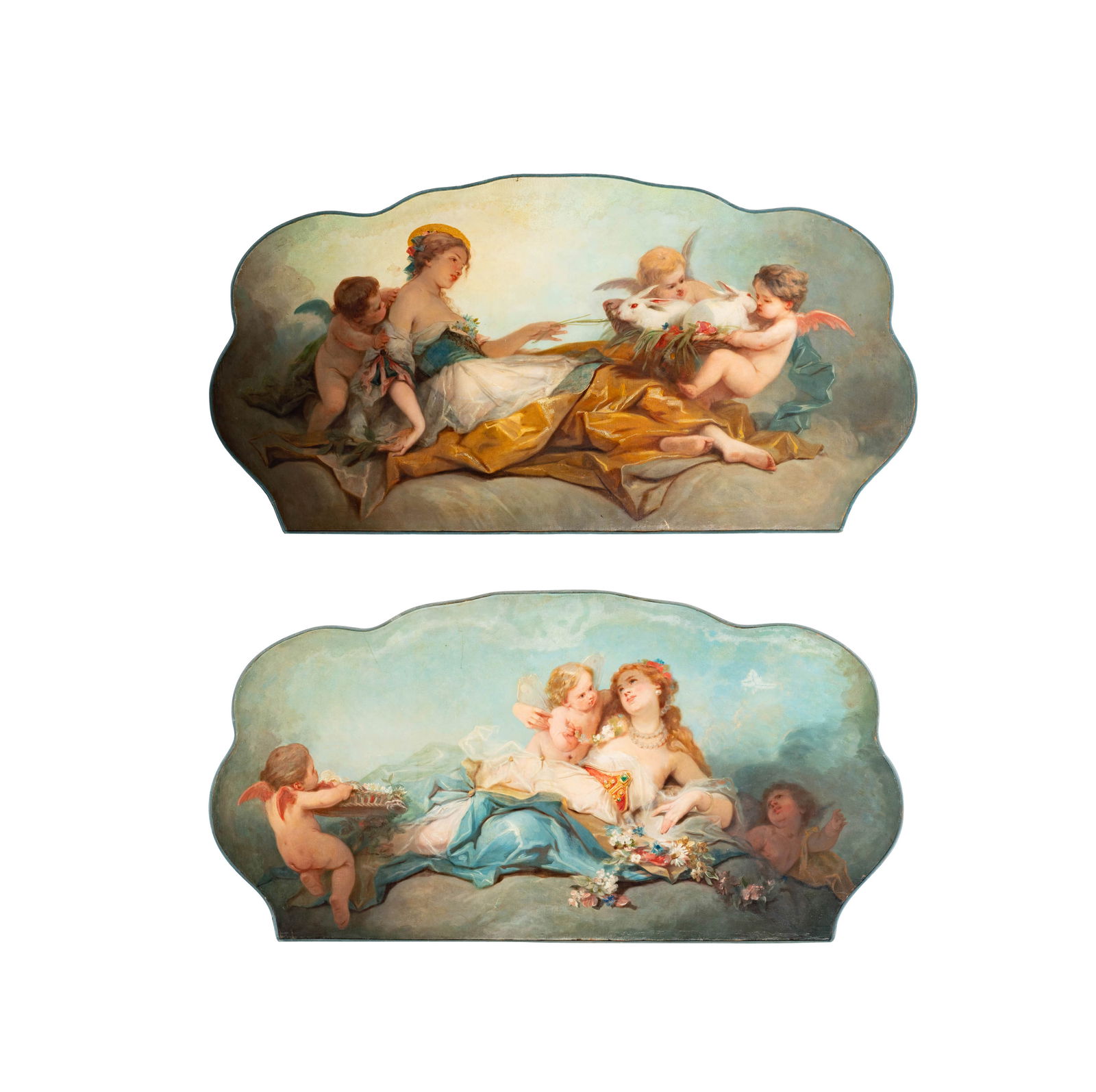 A Pair of Continental Rococo Allegorical Overdoor Panels: French School: Pair of Allegorical Scene Paintings 18th or 19th century; oil on canvas laid to panel Each: 33 1/4 x 65 1/2 in. (84.5 x 166.4 cm.) Provenance: A private estate, Encino CA Provenance: A
