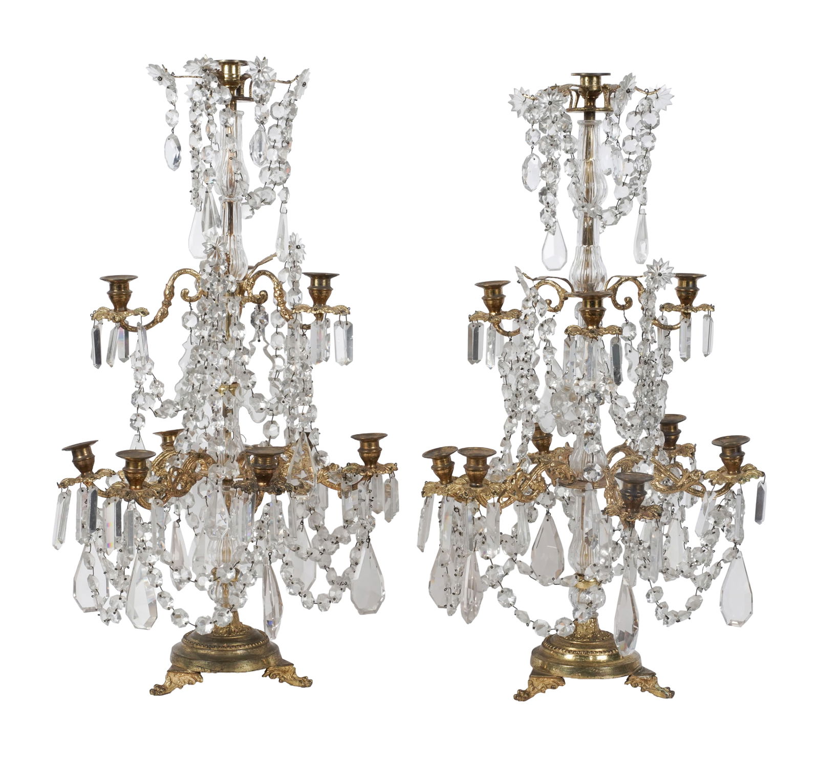 Pair of Gilt Metal and Drop-Crystal Girandoles: not electrified, with ten lights, 29 x 16 in.