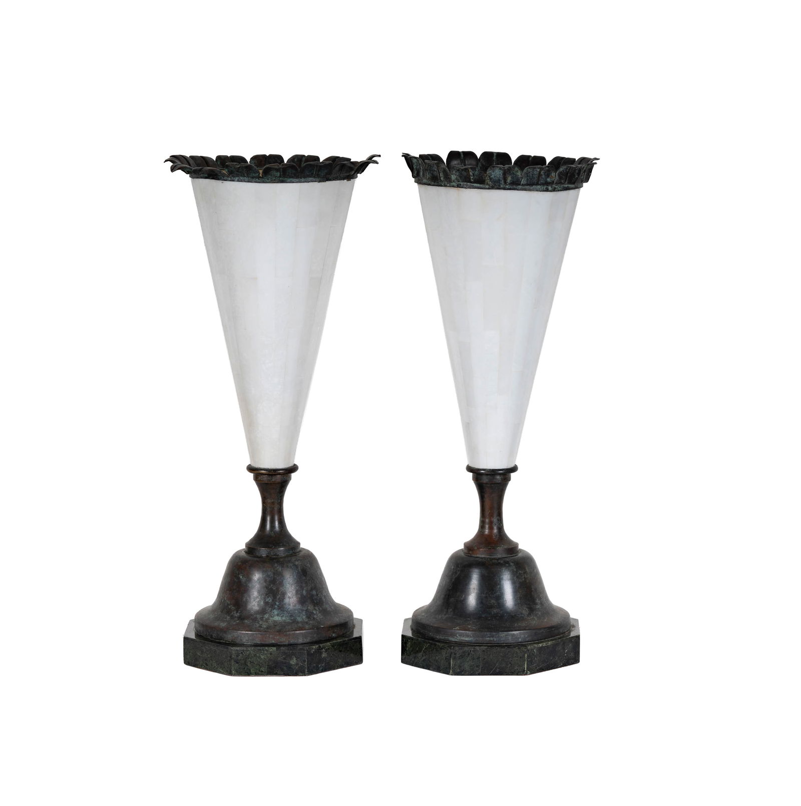 Pair of Maitland-Smith Art Deco Table Lamps: patinated metal with mother-of-pearl penshell parachute shade, with sticker label verso, 23 x 10 in.