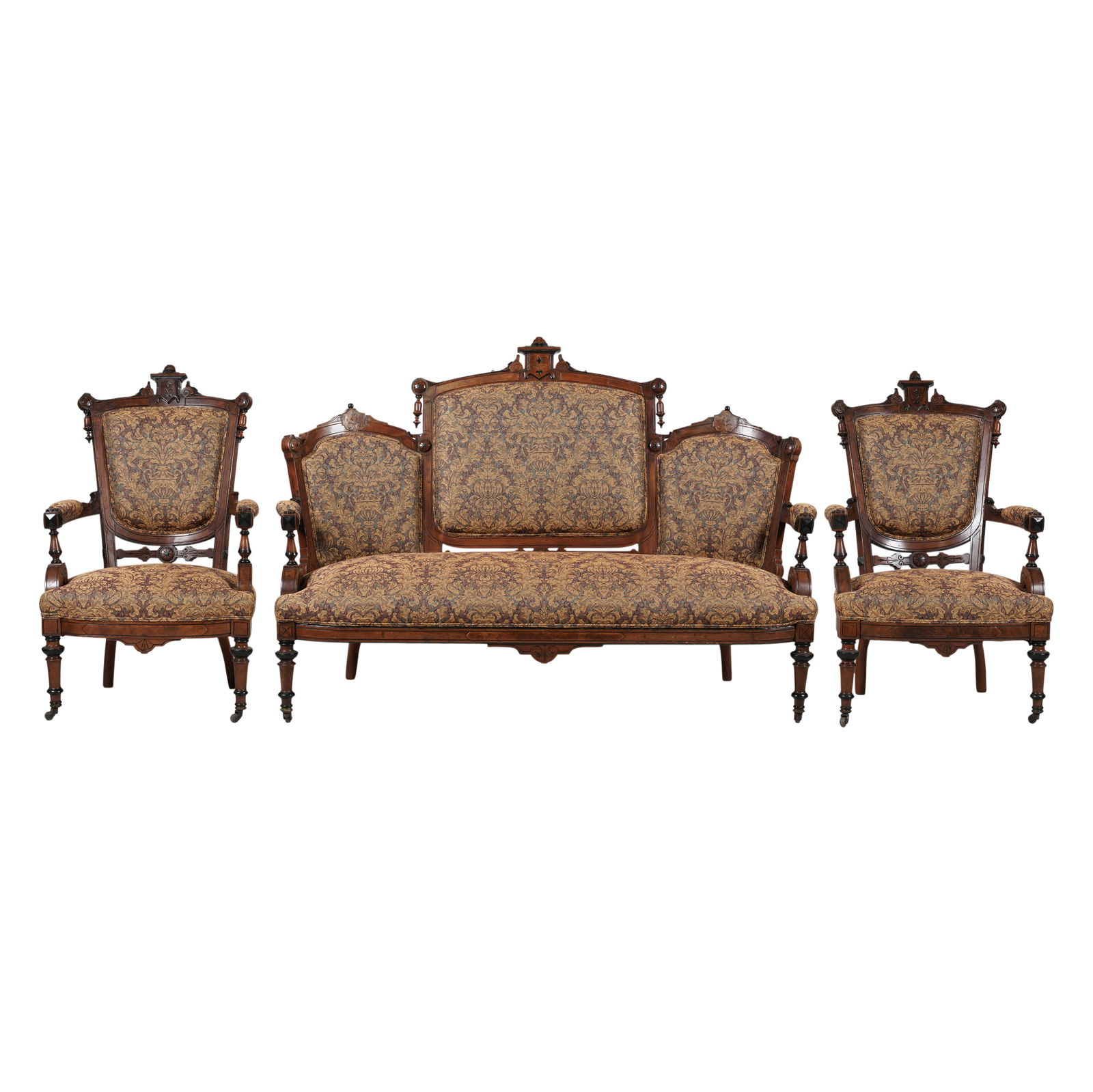 Edwardian Three Piece Salon Suite: comprising a sette and two armchairs, 47 x 67 1/2 x 27 in., armchair: 43 x 26 x 29 in.