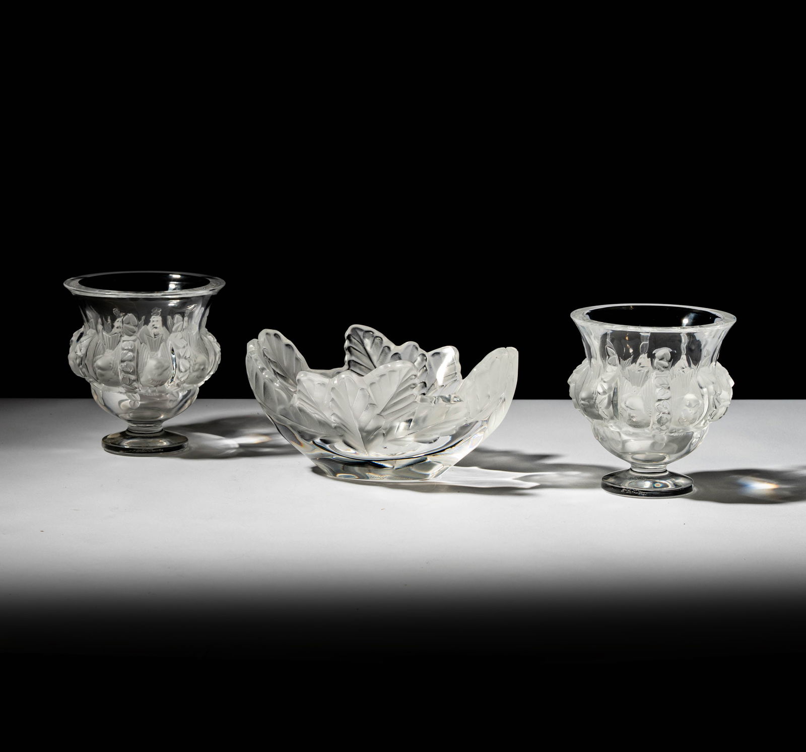 Pair of Lalique Dampierre Vases with Compiegne Bowl: each signed, The vases: 5 x 4 3/4 in., The bowl: 3 3/4 x 7 3/4 in.
