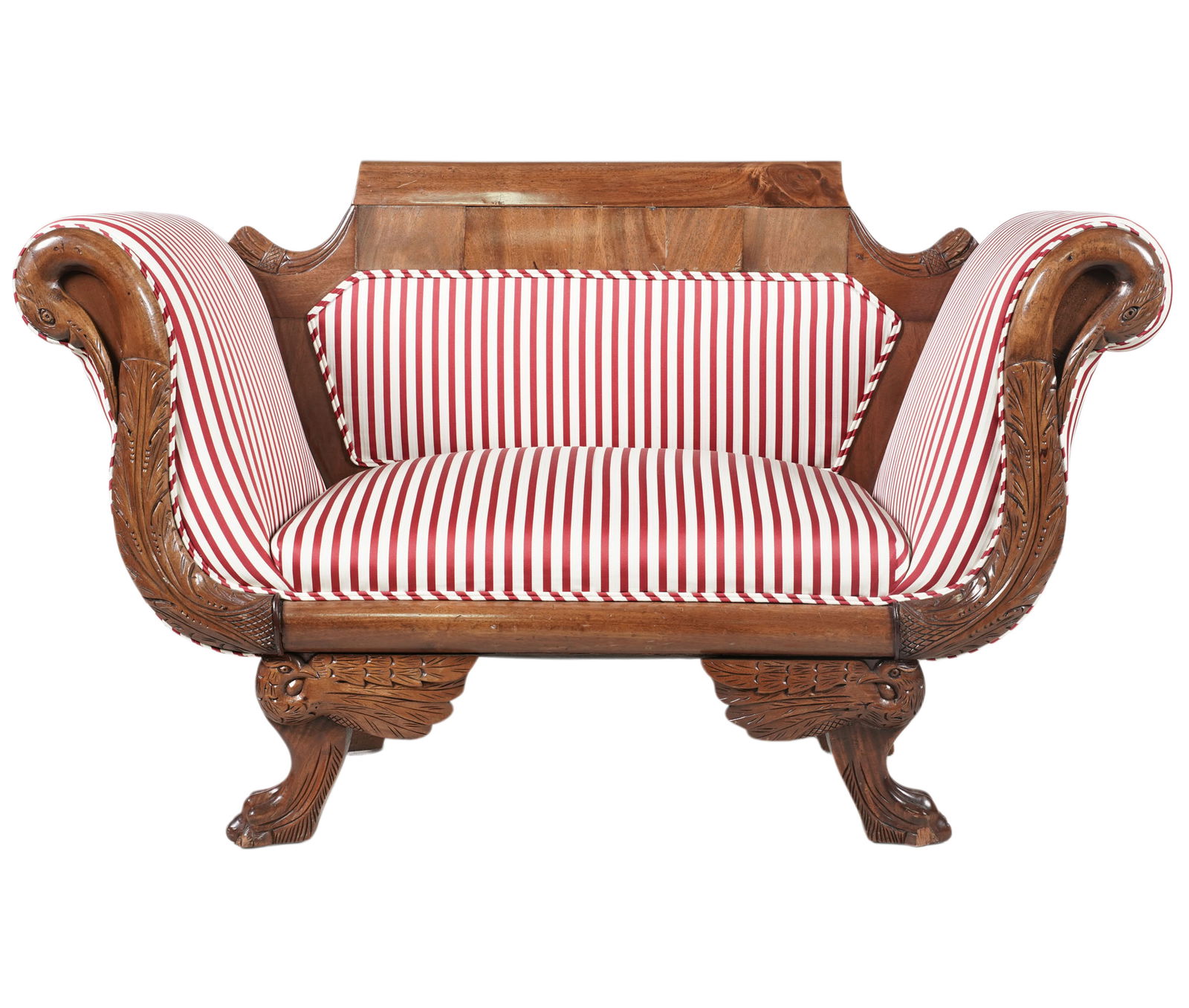 American Federal Mahogany Love Seat: with strip upholstery, 32 1/4 x 51 x 21 in., seat height: 15 in.