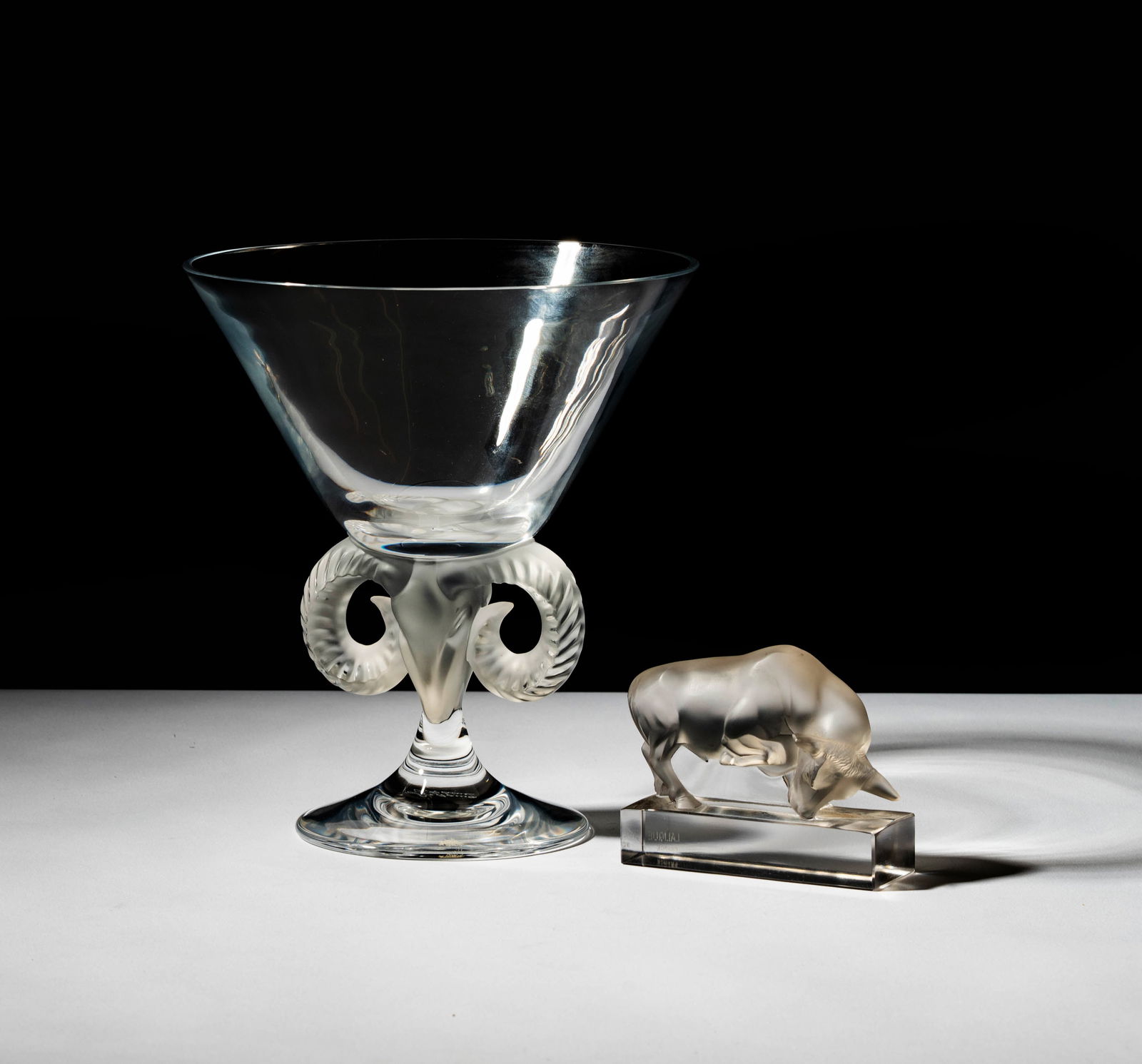 Lalique Aries Compote with Frosted Bull Figure: each signed, Compote: 8 3/4 x 7 3/4 in., Bull: 3 1/2 x 4 in.
