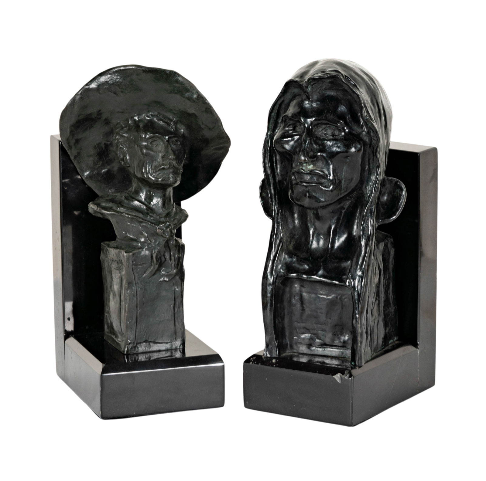 After Frederic Remington, Two Bookends: Two Bronze Bookends, " Sargent", overall: 12 1/2 x 4 12 x 6 in. "Savage", overall: 12 x 4 1/2 x 6 in.