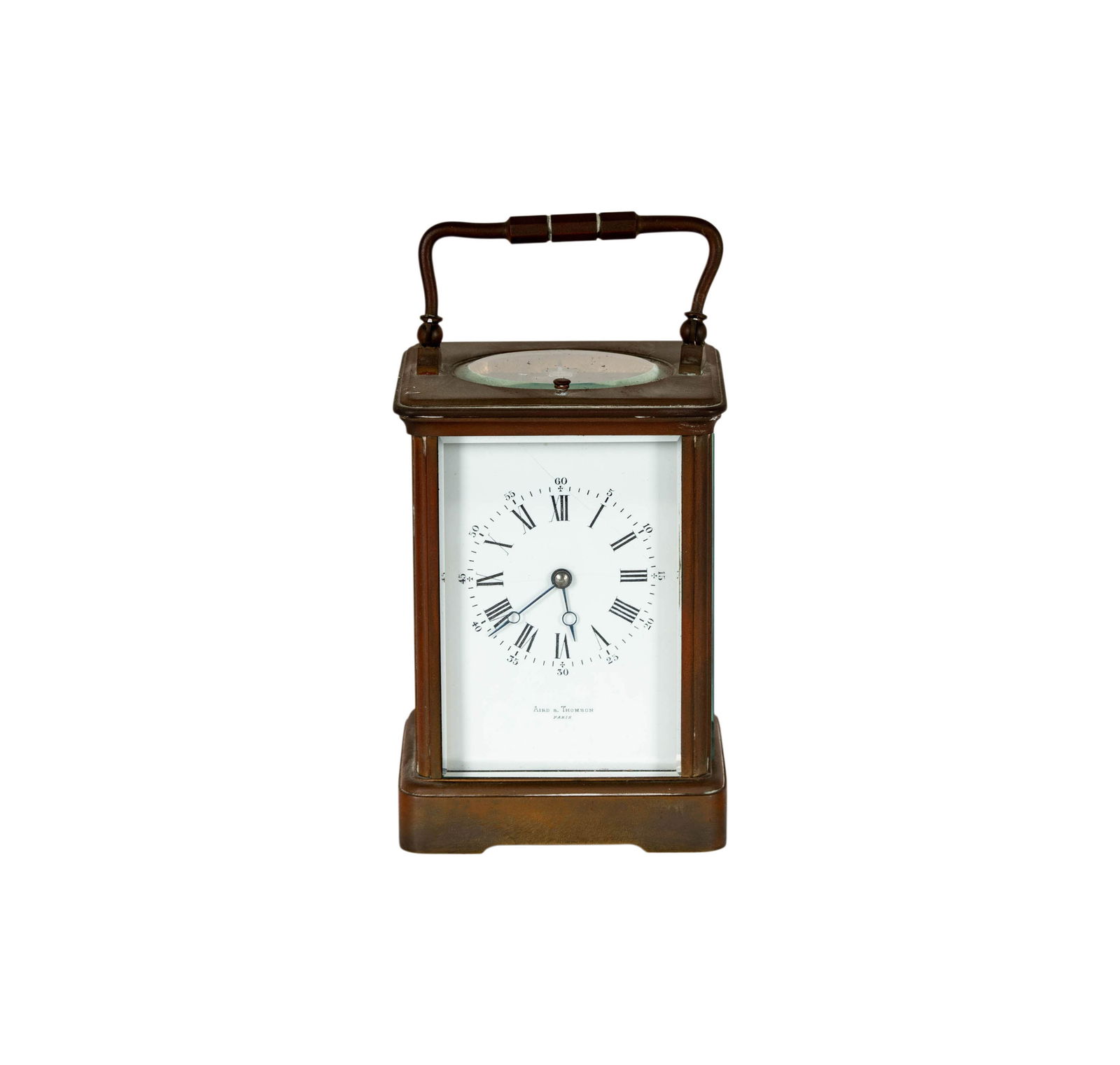 French Carriage Repeater Clock: marked to verso, with key, 5 3/4 x 3 3/4 x 3 1/4 in.