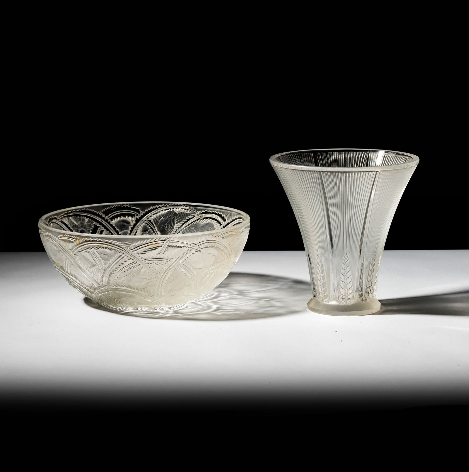Lalique Pinsons Bowl and Epis Vase: each signed, Bowl: 3 1/2 x 9 1/4 in., Vase: 6 3/4 x 6 1/4 in.