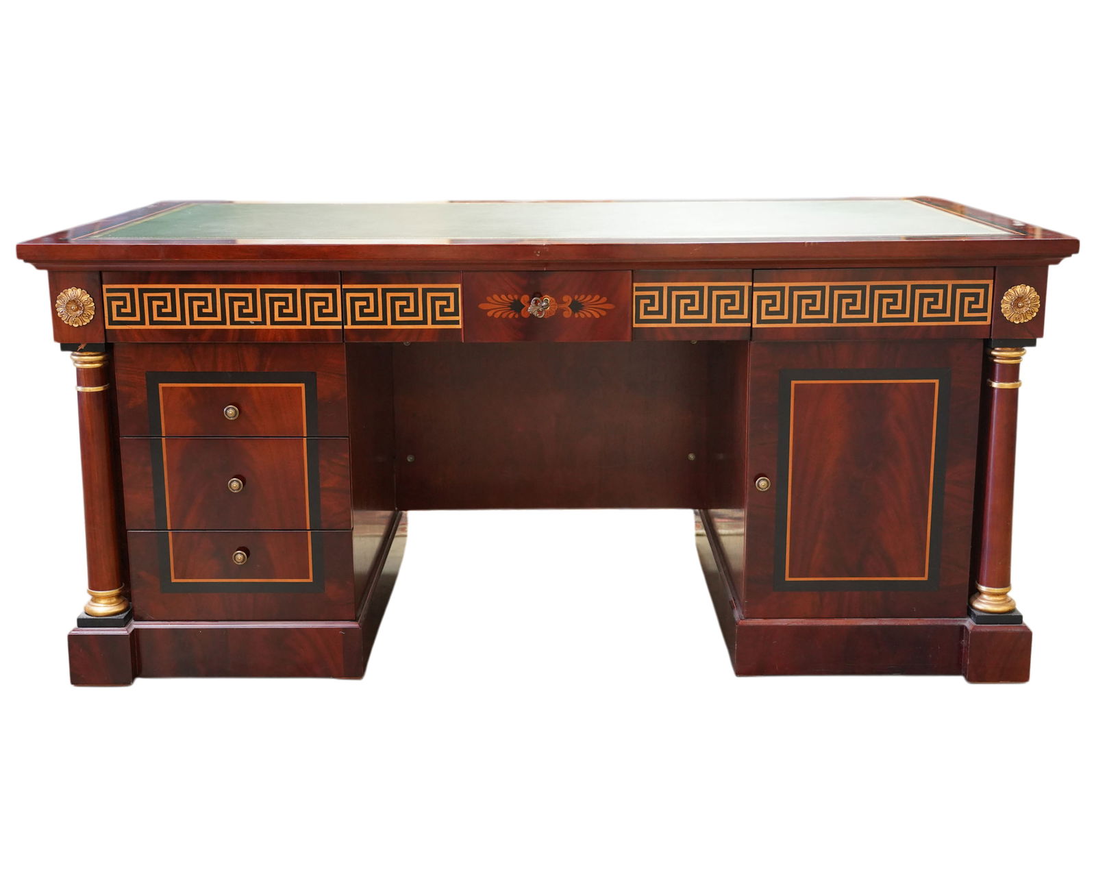 Contemporary Empire-Style Desk: with key and Greek key pattern design, 20th century, 30 x 66 1/2 x 34 in.
