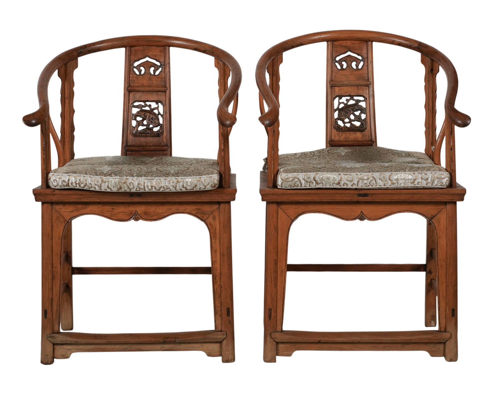Pair of Chinese Carved Wood Horseshoe Back Armchairs: each: 39 1/2 x 25 x 24 in,, seat height: 22 1/2 in.