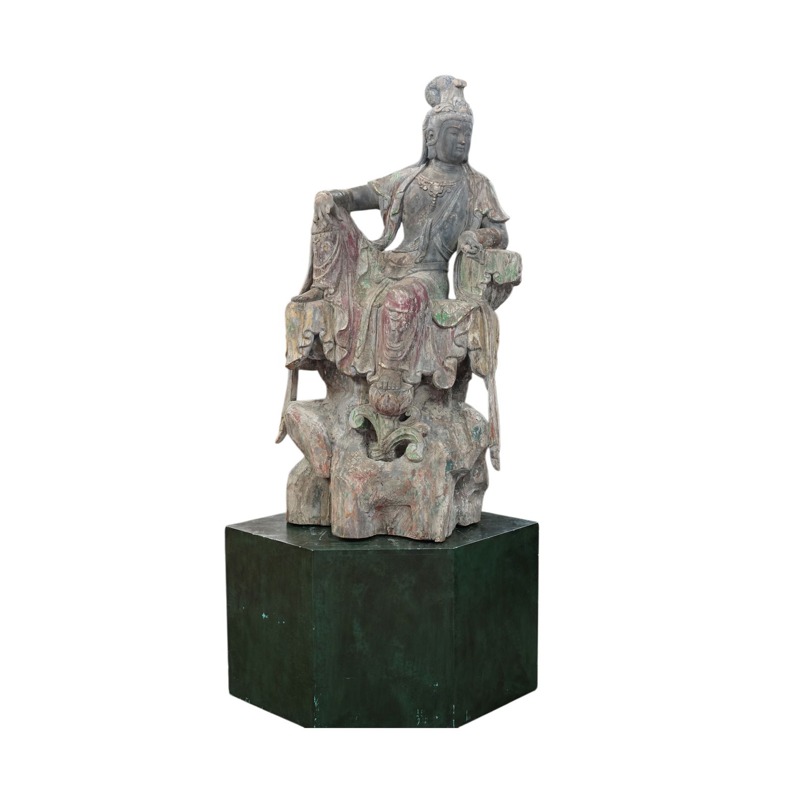 Large Carved Wood and Polychrome Seated Guan Yin: figure: 86 x 32 x 24 in., base: 12 x 21 x 43 in.