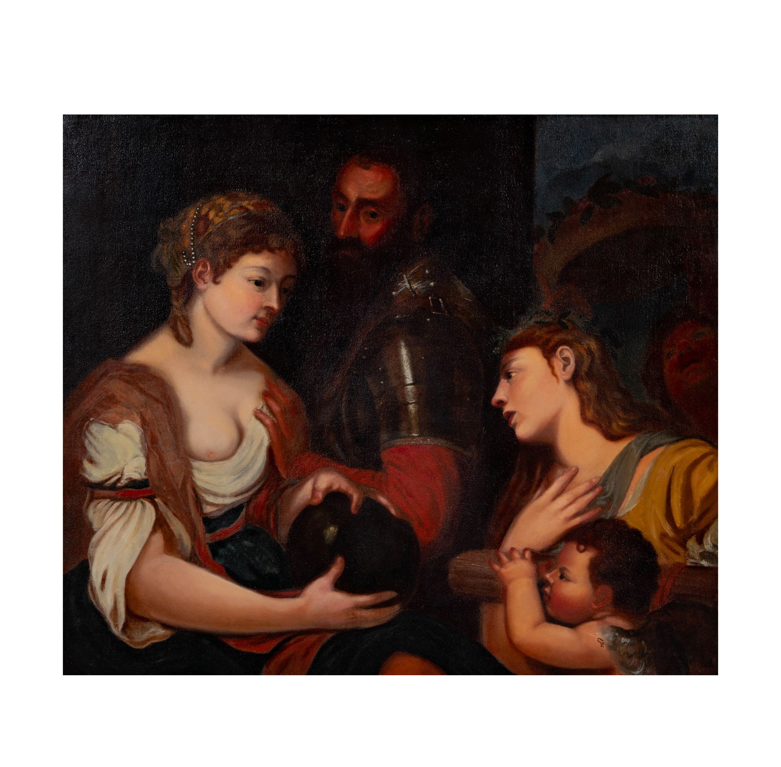 Allegorical Scene Painting: oil on canvas, no visible signature, canvas: 36 x 42 in. frame: 45 1/2 x 51 1/2 in.