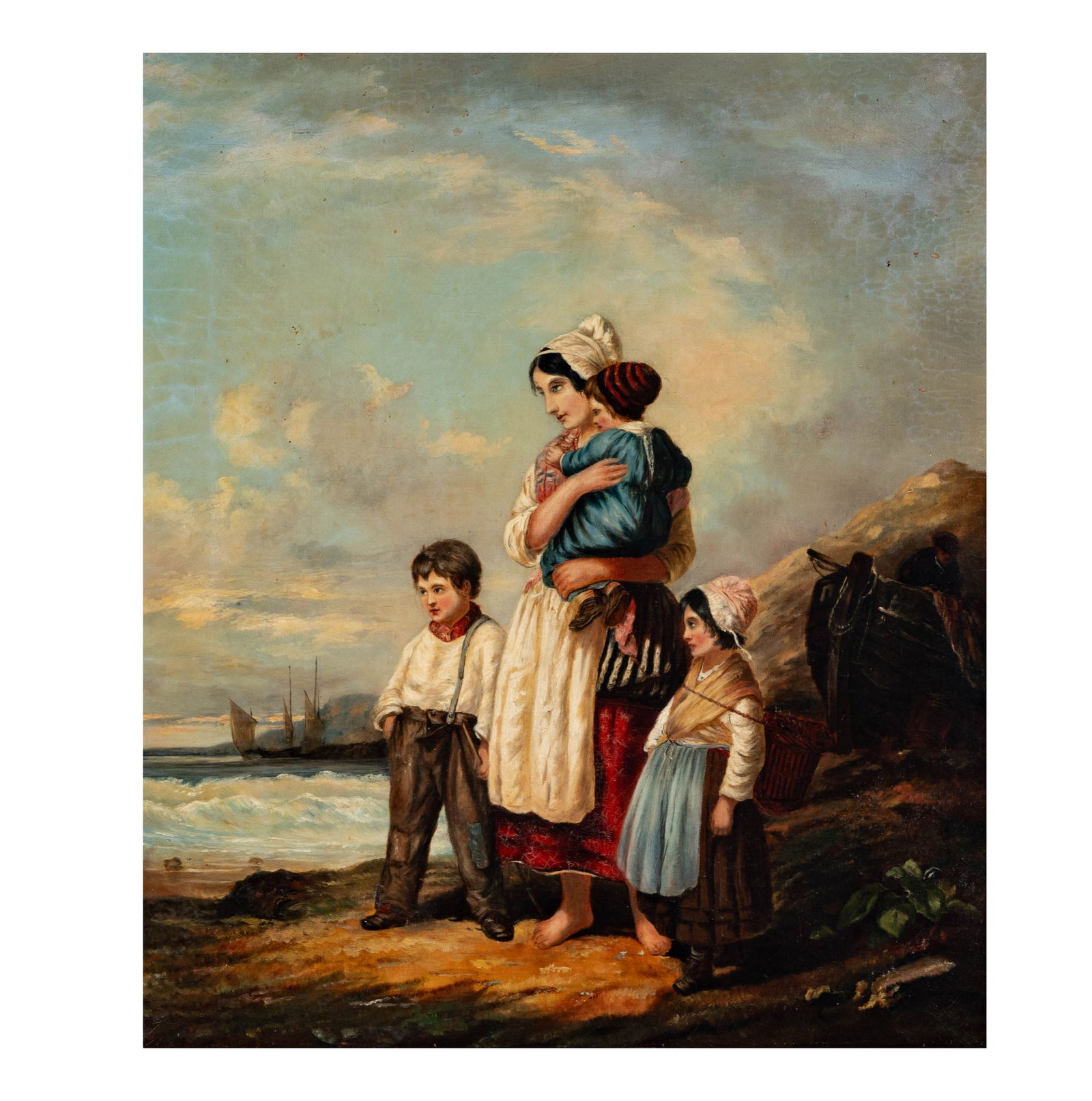 Mother and Children Coastal Scene: oil on canvas, no visible signature, 21 1/2 x 18 1/2 in. frame: 26 x 22 3/4 in.
