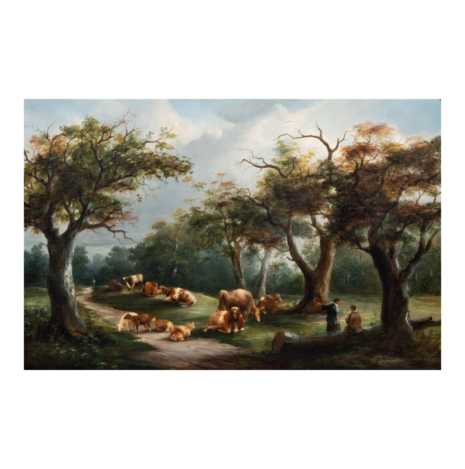 Shepherd Scene Painting: oil on canvas relined, no visible signature, canvas: 24 x 36 in., frame: 33 x 45 1/2 in.