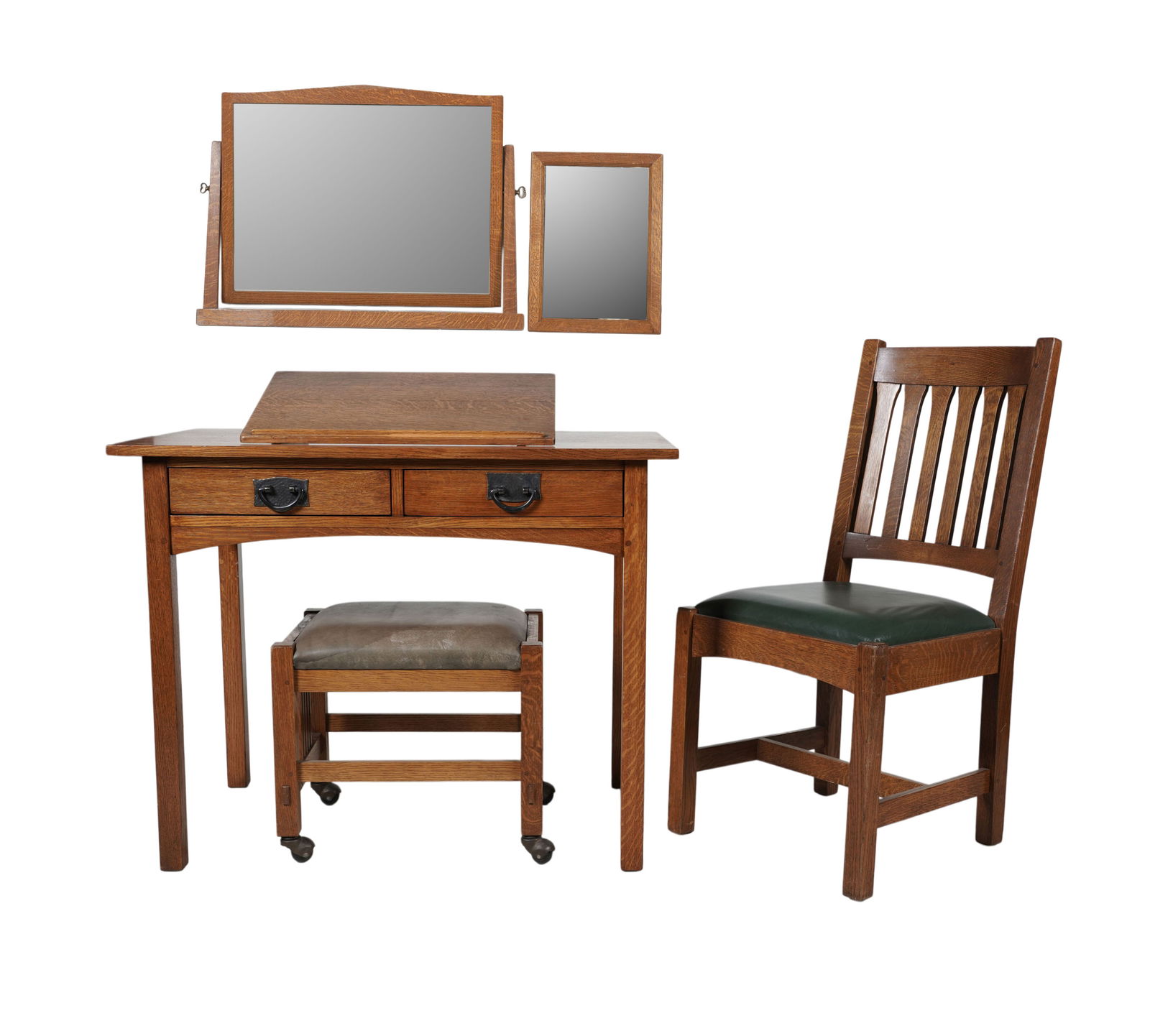 A Group Stickley Furniture: Comprising: writing table, chair, ottoman, two mirrors, and reading stand., table: 30 x 38 x 23 in.