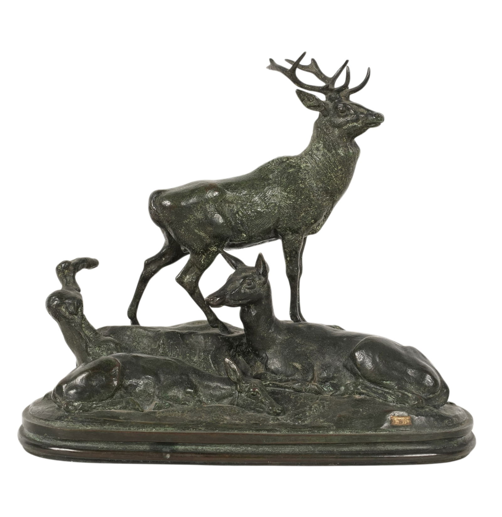Antoine-Louis Barye (1796-1875), Stag, Doe, and Fawn (Family of Stags): bronze, signed, with F. Barbedienne foundry stamp to casting and paper label to underside, 8 3/4 x 9 1/2 x 5 1/4 in.