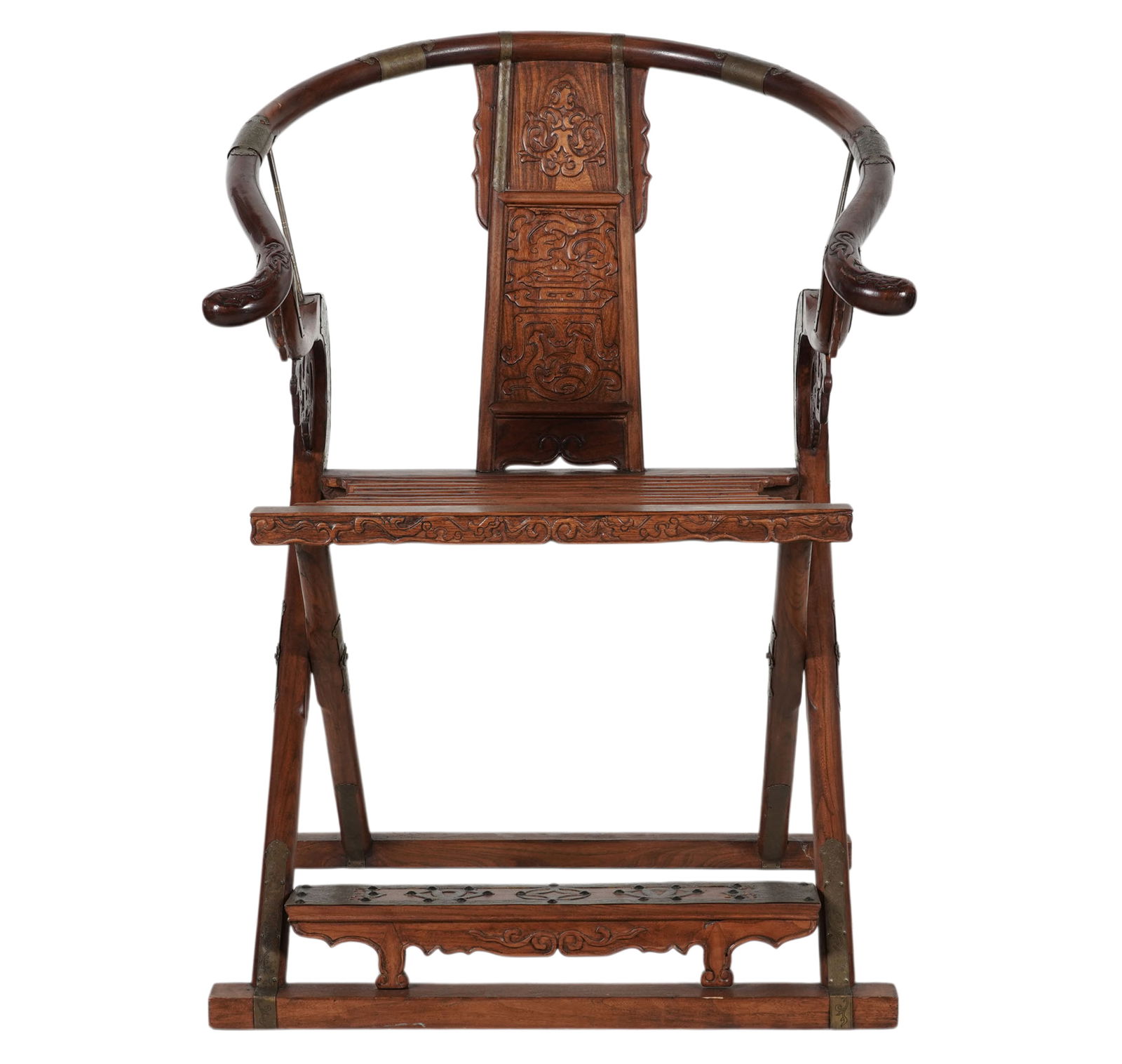 Chinese Horseshoe Back Foldable Arm Chair: with brass mounts, 41 1/2 x 30 1/4 x 30 in., seat height: 21 in.