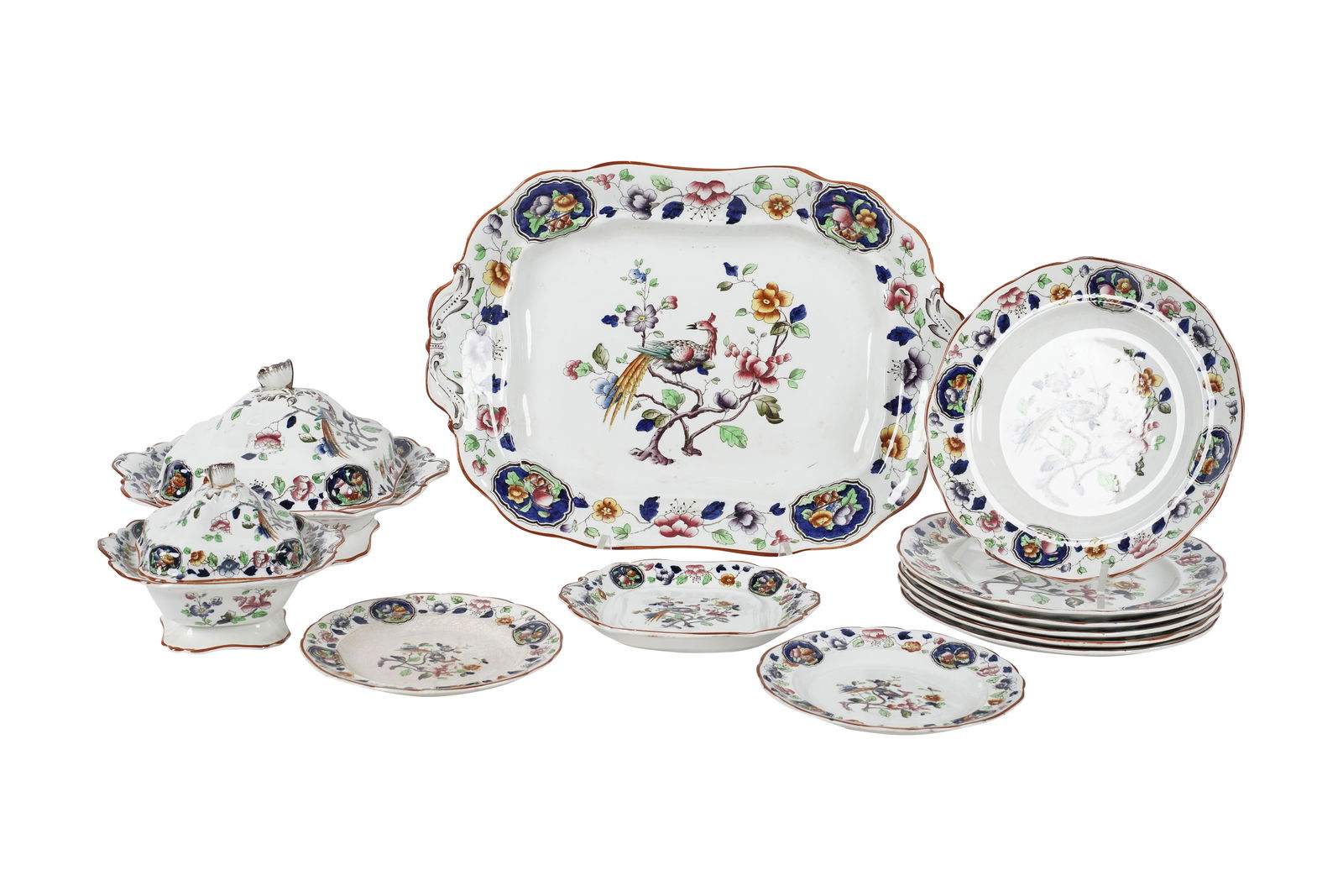 An English Stoneware Partial Dinner Service: Shancock & Sons, Old Woodstock, large platter: 18 1/2 in. wide, 12 pieces total