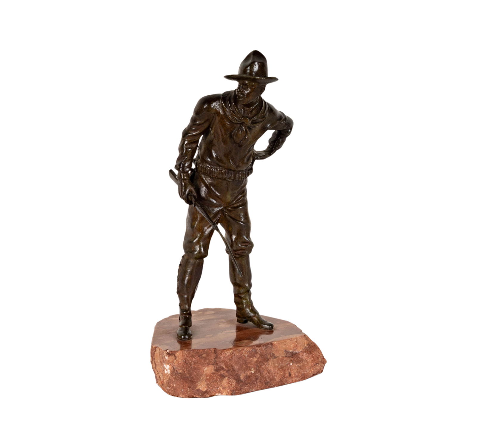 Carl Kauba: The Trooper: signed in casting, red marble base, overall 11 x 6 x 5 in.