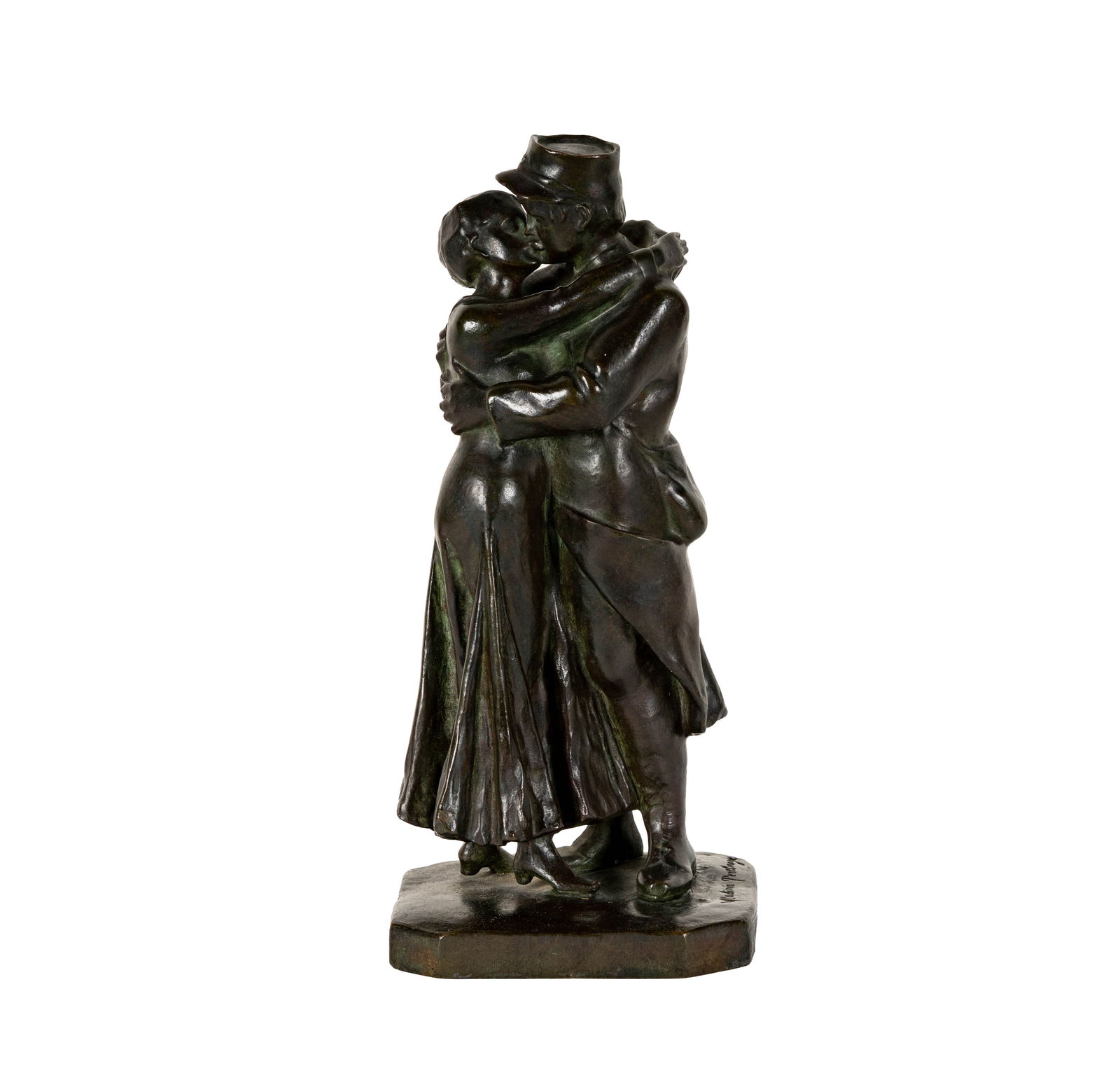 Vladimir Perelman (1870 - 1922), Lover's Kiss: bronze, inscribed 1914 Paris, signed, 13 1/4 x 6 x 5 in.,