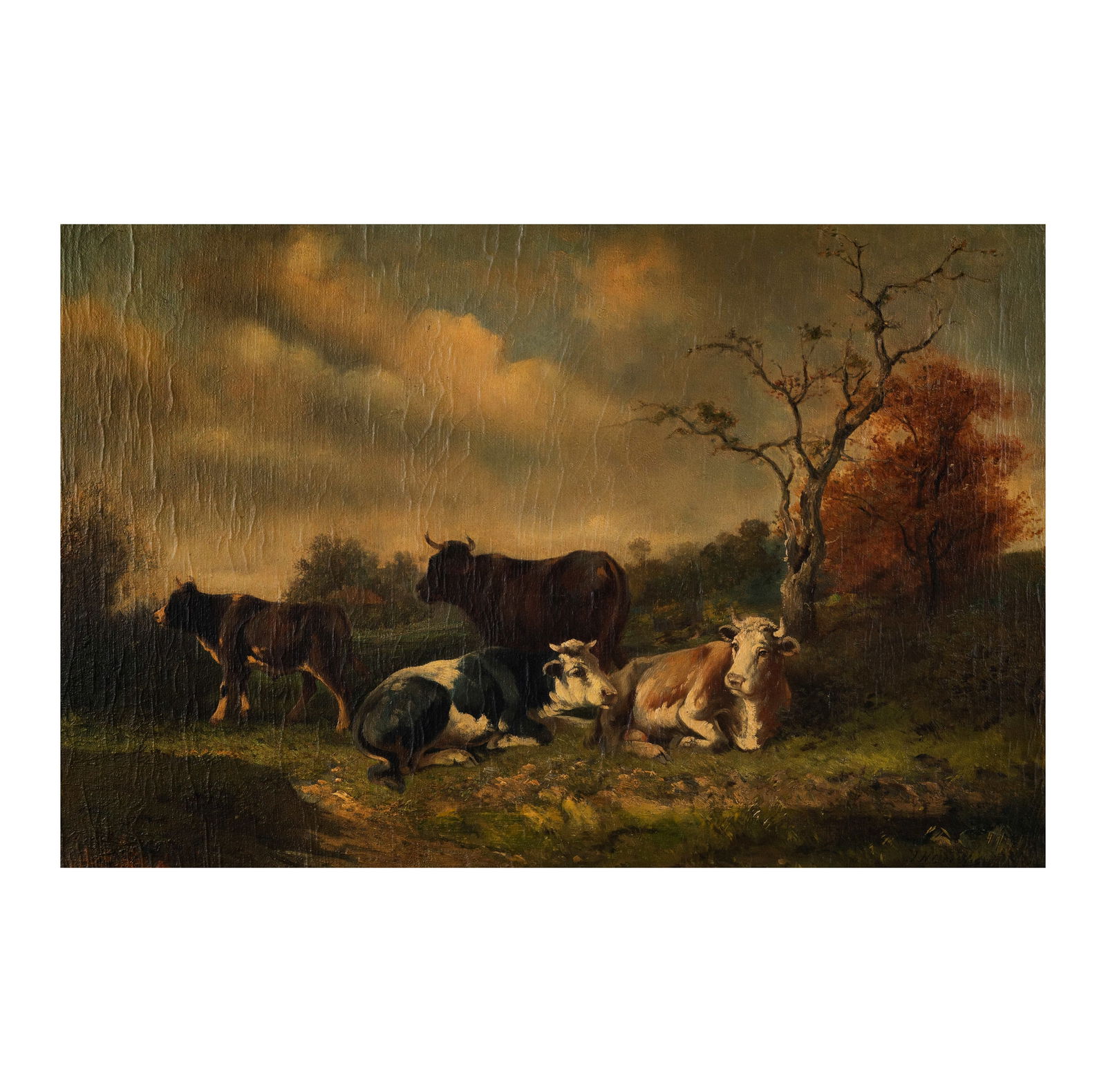 J.H.L. de Haas (Austrian, 1832-1908), cows in pasture: oil on canvas, relined, signed lower right, 20 x 30 in. frame: 25 1/2 x 35 1/2 in.