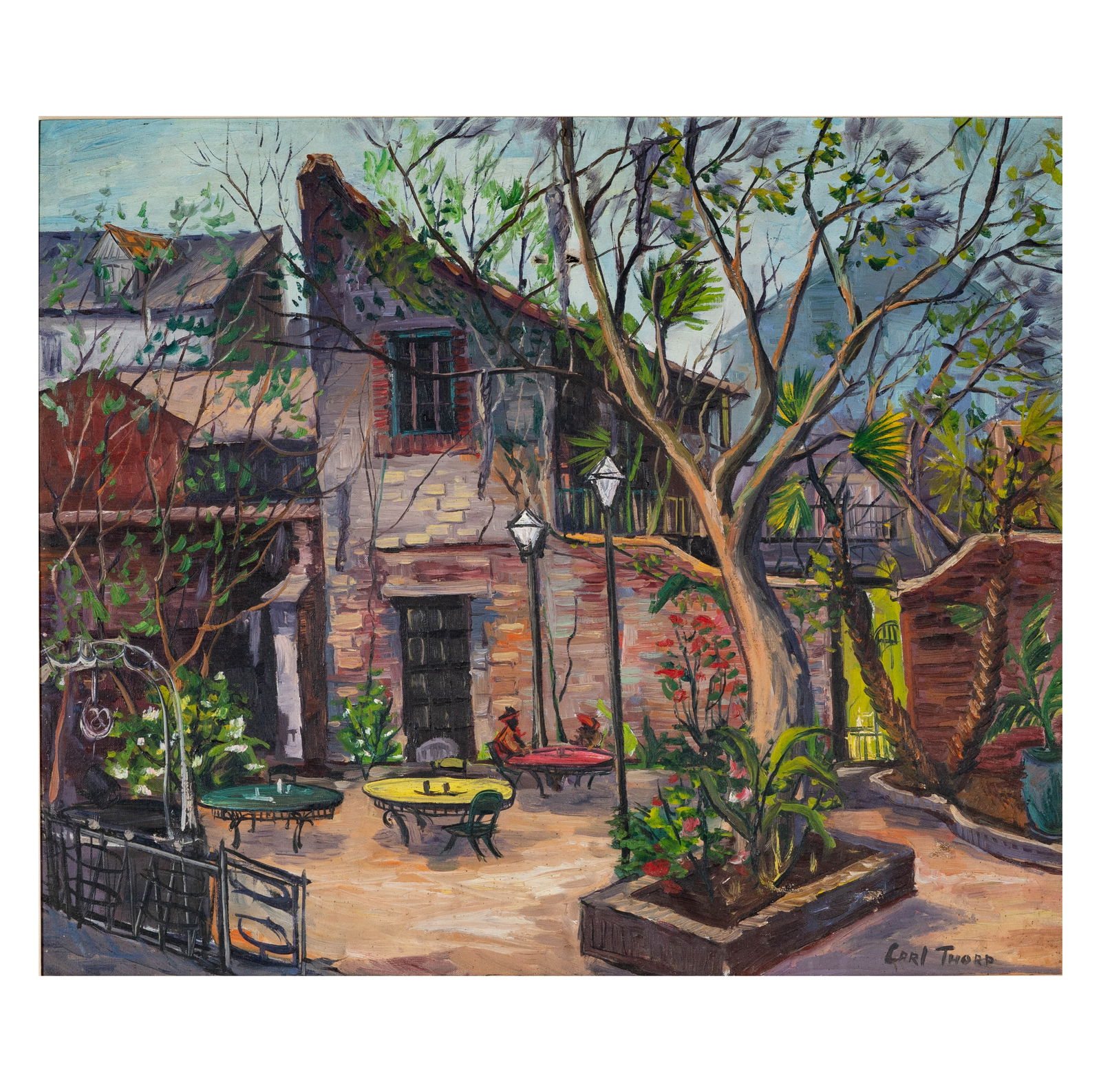Carl Thorp, Courtyard Scene Painting: oil on canvas, signed lower right, titled verso, 25 1/4 x 30 in., frame 32 1/2 x 37 1/4 in.