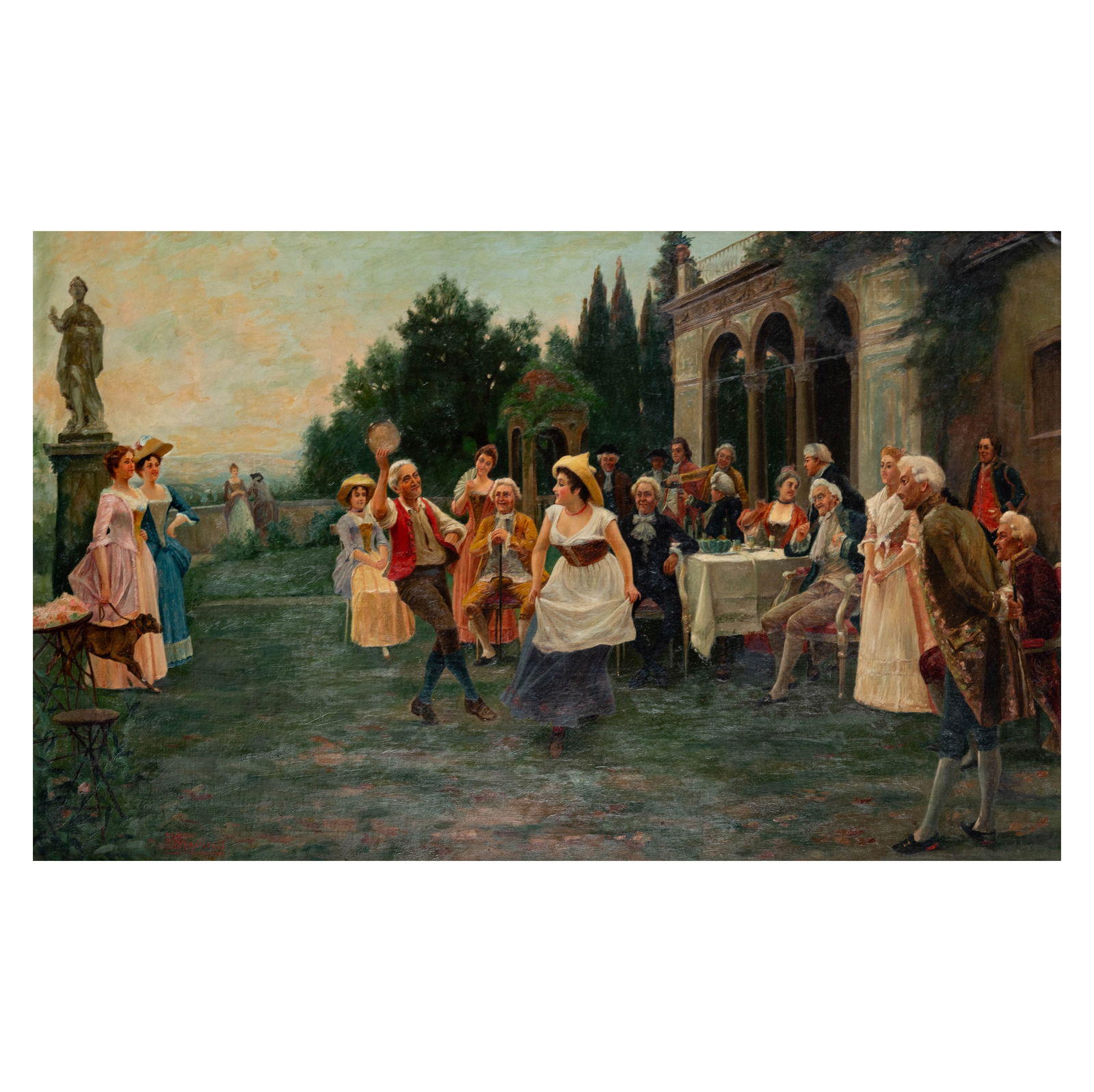 Outdoor Courtyard Scene: oil on canvas, signed lower left, 30 x 48 in., frame: 37 x 55 in.