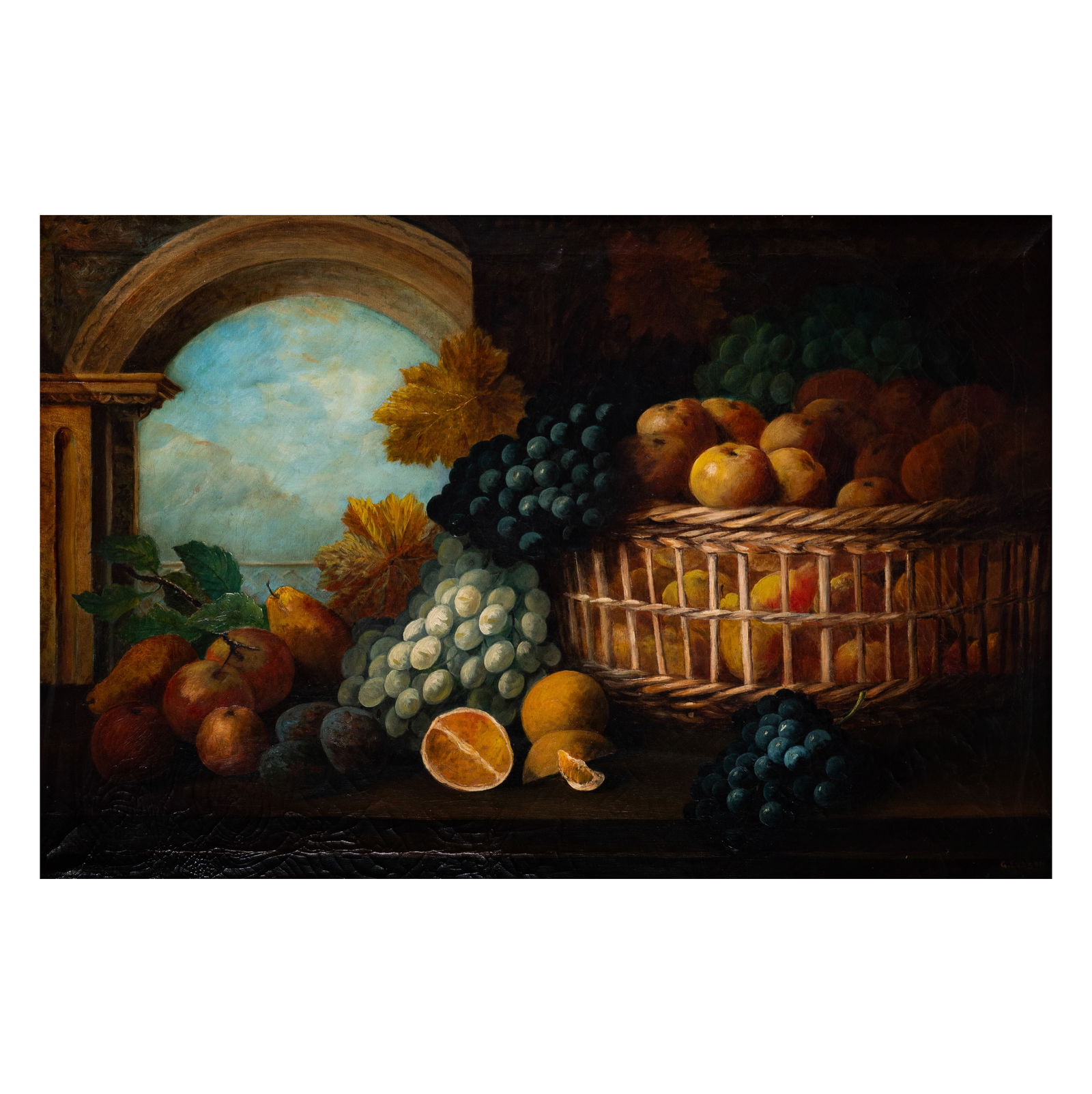 Still Life Painting of Fruit: oil on canvas, signed "G. Evason" lower right, canvas: 24 x 36 in., frame: 33 x 45 in.