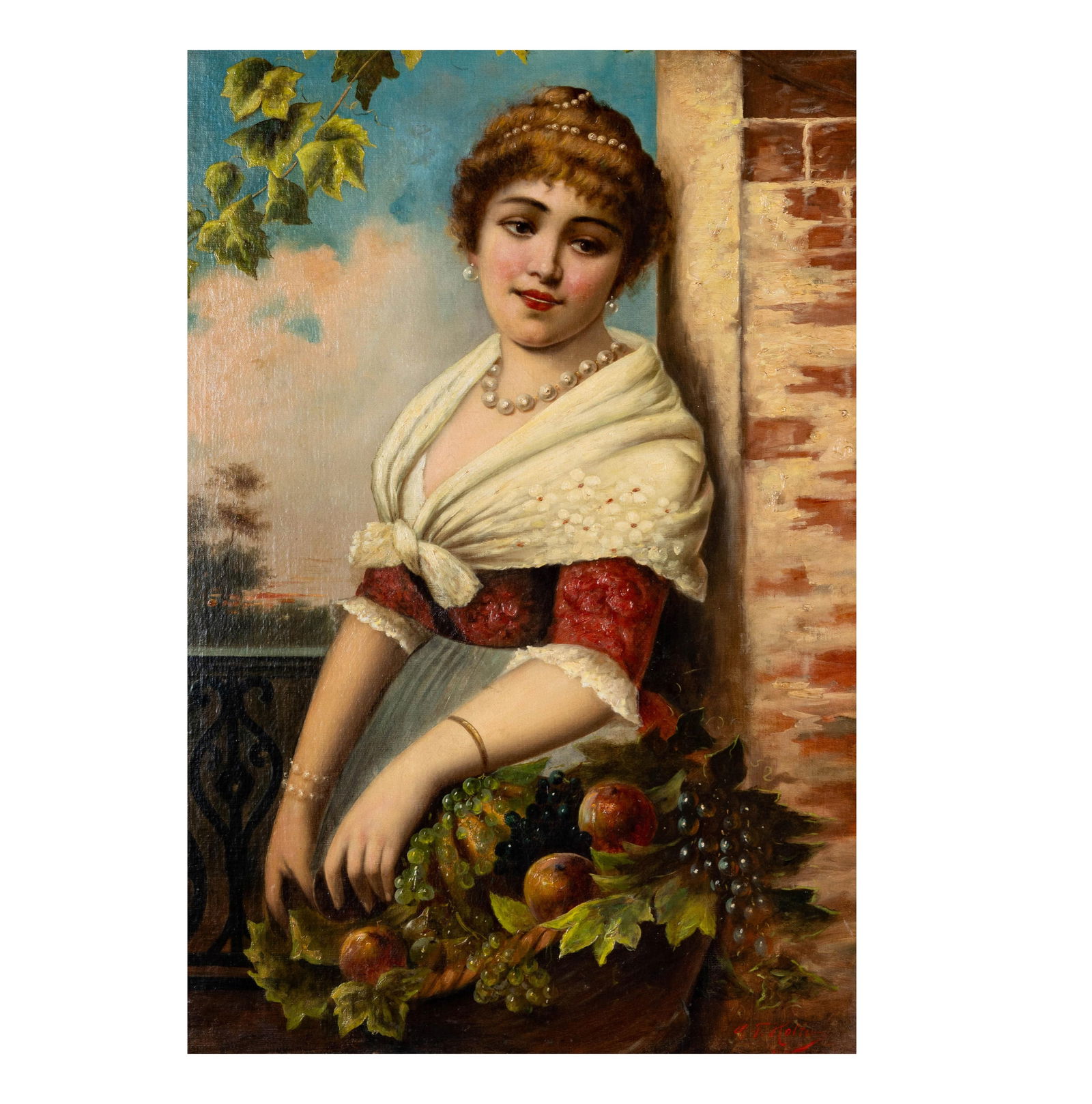 Continental School: Portrait of a Woman With Fruit: oil on canvas, signed lower right 39 1/2 x 27 in. (100.3 x 68.6 cm.), Frame: 46 x 34 in. (116.8 x 86.4 cm.)