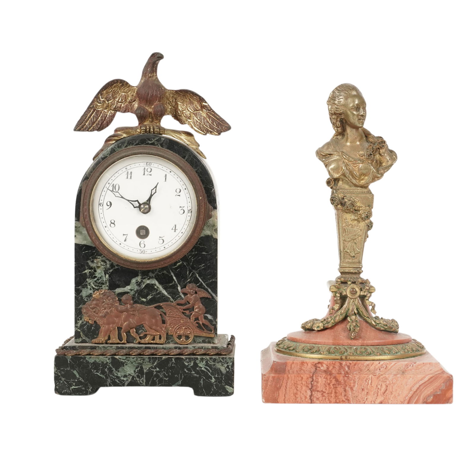 Two Empire-Style Gilt Bronze and Marble Desk Pieces: comprising a seal with marble base and a desk clock, clock: 7 1/4 x 3 3/4 x 2 in., seal: 6 1/2 x 3 3/4 x 3 1/8 in.