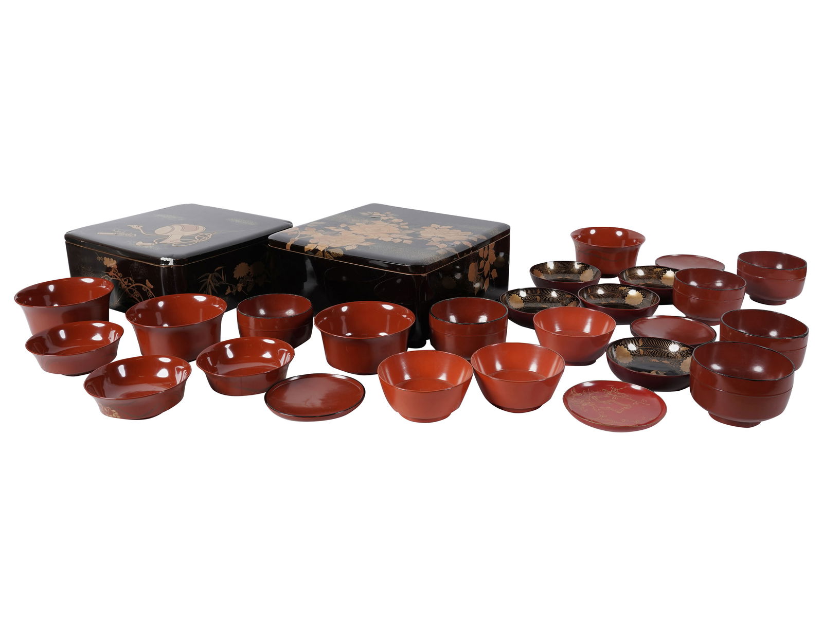 Collection of Assorted Japanese Lacquerware: comprising two lacquered boxes, 15 footed bowls, 3 covered bowls, and 6 small dishes, the lacquered floral box 4 3/4 10 3/4 in.