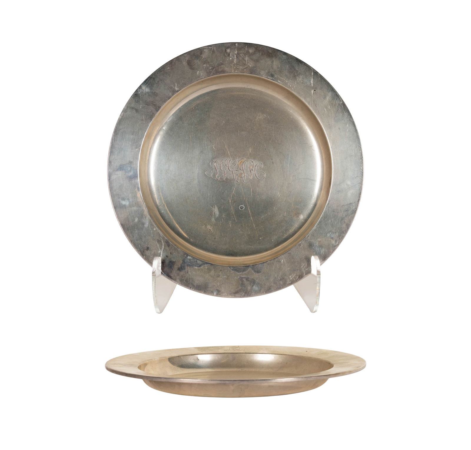 Bailey Banks and Biddle Sterling Tray: John Coburn Boston 1725 Reproduction, monogrammed, 13 in. dia., approximately 708 grams,